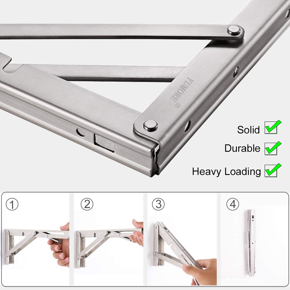 Detalle de YUMORE Klappkonsole Schwerlast 400mm (2er-Set) – Wandmontage, Edelstahl, 150 kg Tragfähigkeit
