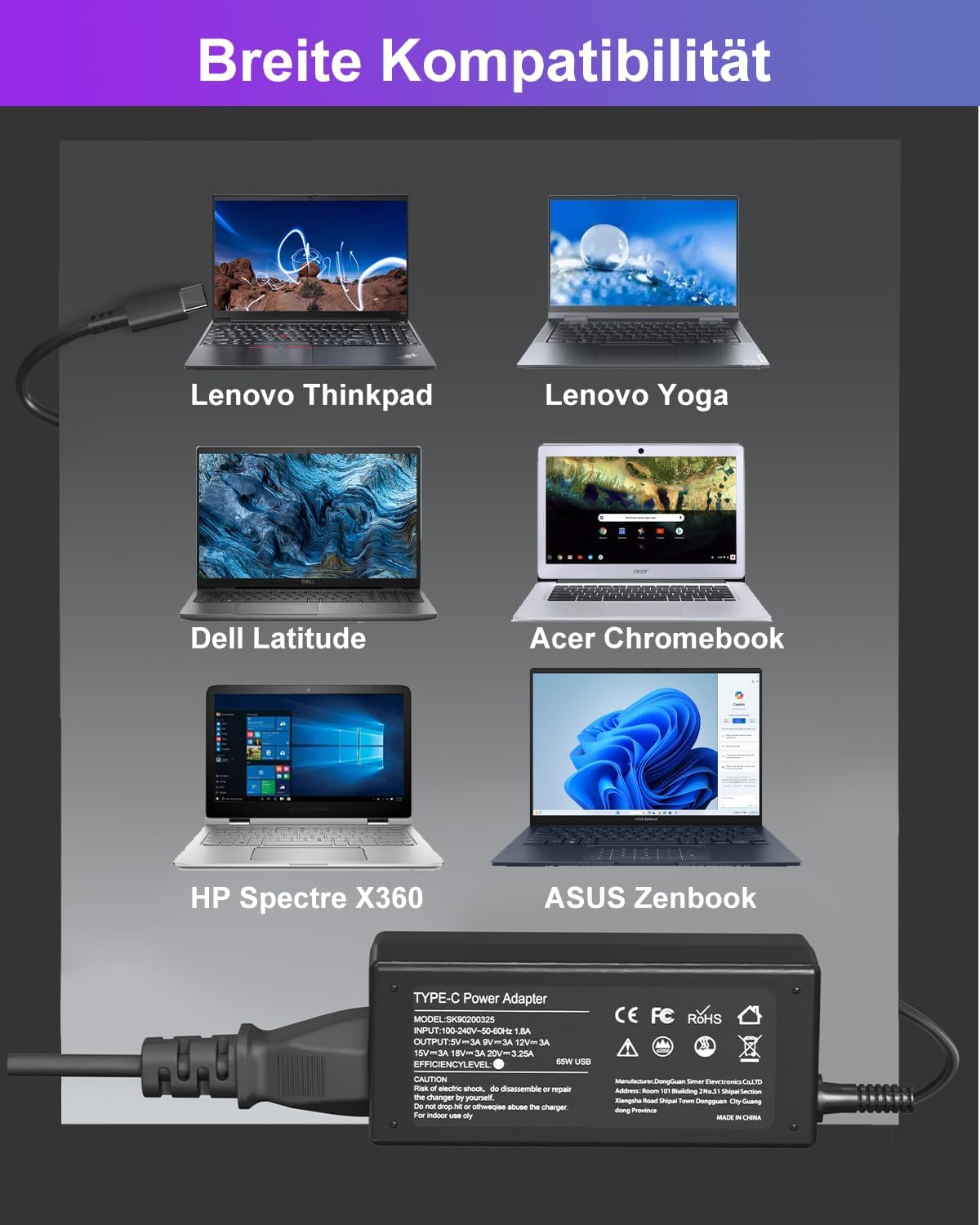 Detalle de 65W USB-C Laptop-Ladegerät für Lenovo ThinkPad und ThinkBook – Kompatibel mit ThinkPad Yoga, X1 Carbon, T- und E-Serien