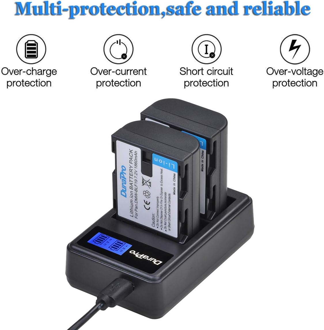 Detalle de DuraPro 2Packs 1860mAh DMW-BLF19 Battery + LCD Dual USB Charger for Panasonic Lumix DMC-GH/G9 Series