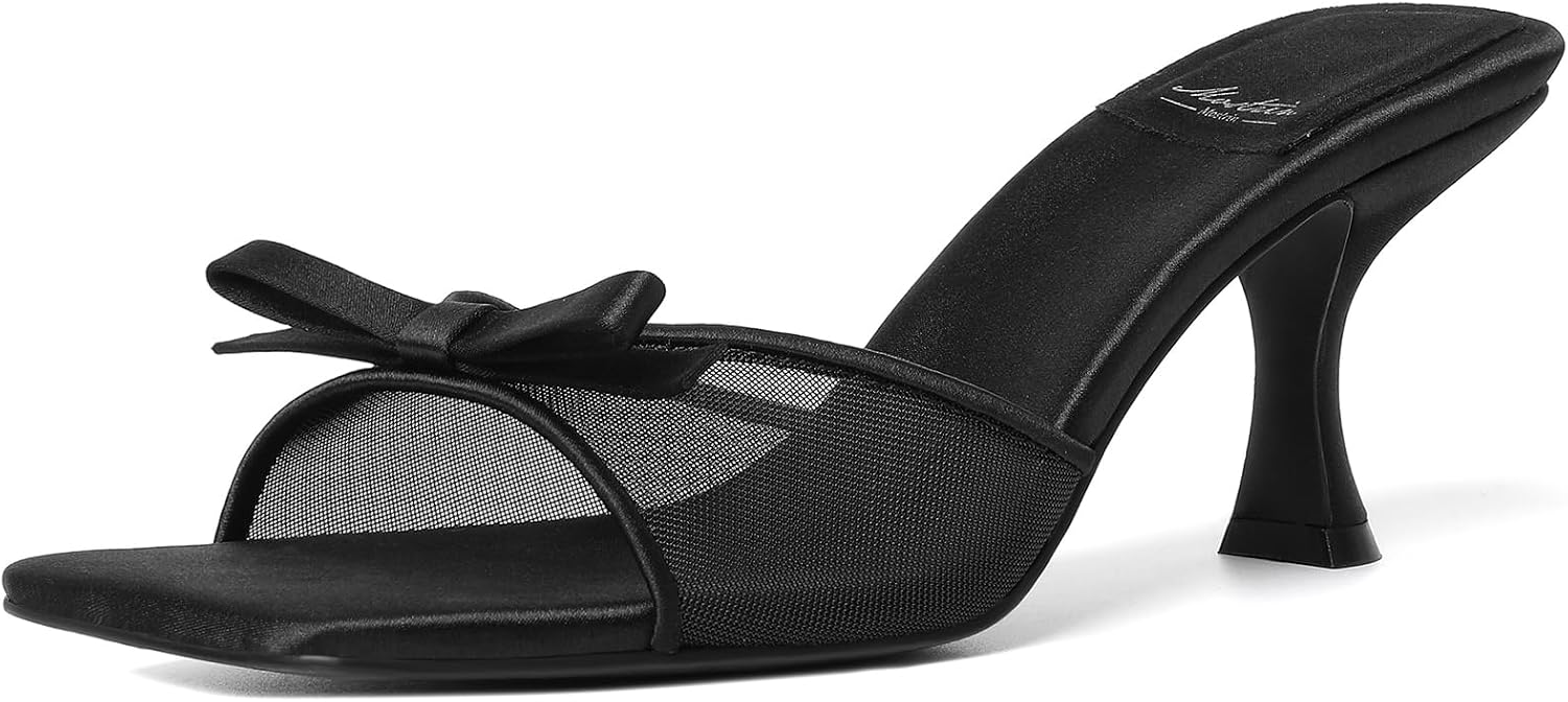 Detalle de Mostrin Kitten Heels for Women: Round Toe Bow Mules, 3-Inch Open-Toe Backless Sandals