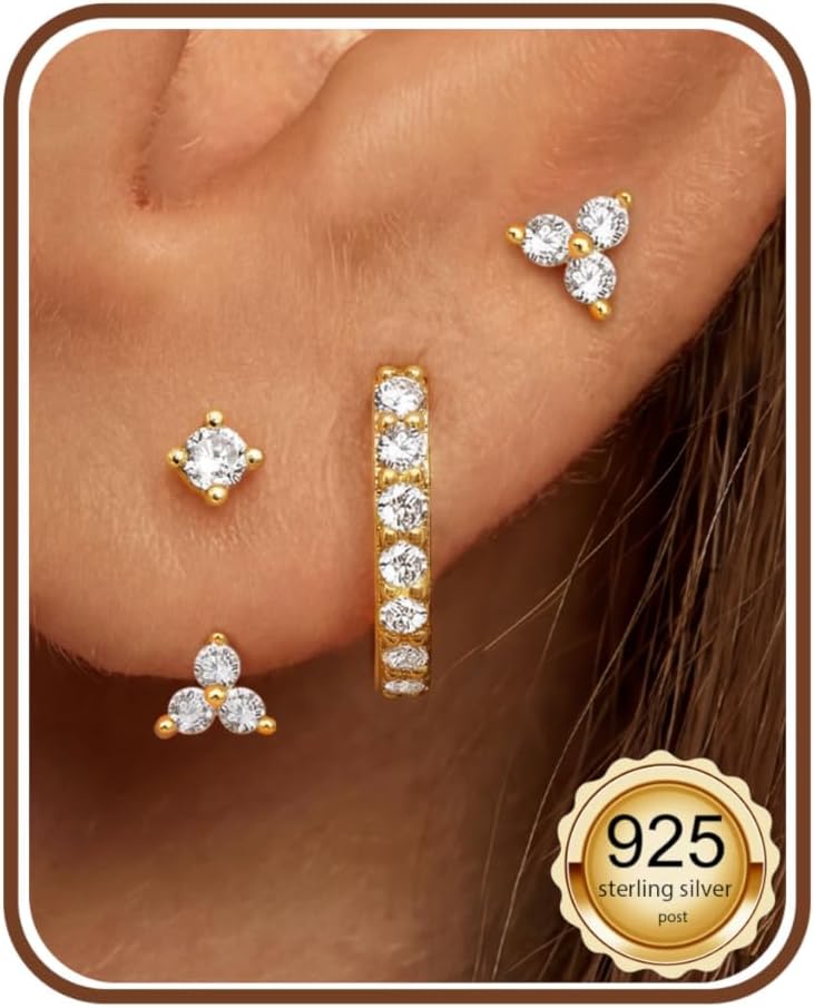 Thumbnail 6 de JeweBella 3er-Set Ohrringe aus Sterlingsilber 925: Ohrstecker & Creolen mit Zirkonia (vergoldet) für Damen