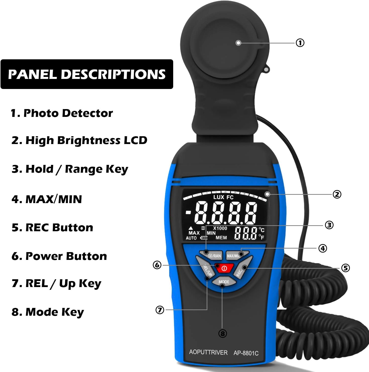 Detalle de AP-8801C Digital Luxmeter – Lichtstärke bis 400.000 Lux mit ausziehbarem Detektor