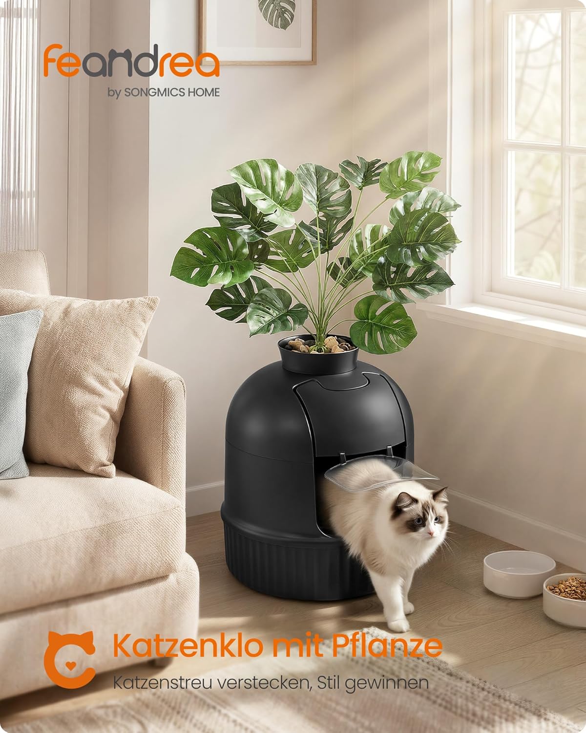 Detalle 2 de Feandrea Katzenklo Blumentopf – versteckte Katzentoilette mit Pflanzendekor, Tür und Geruchskontrolle