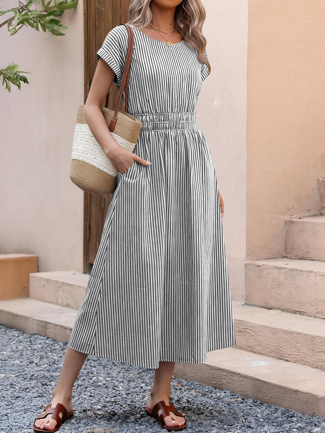 Detalle de ANRABESS Women's Summer Midi Dress with Stripes and Pockets