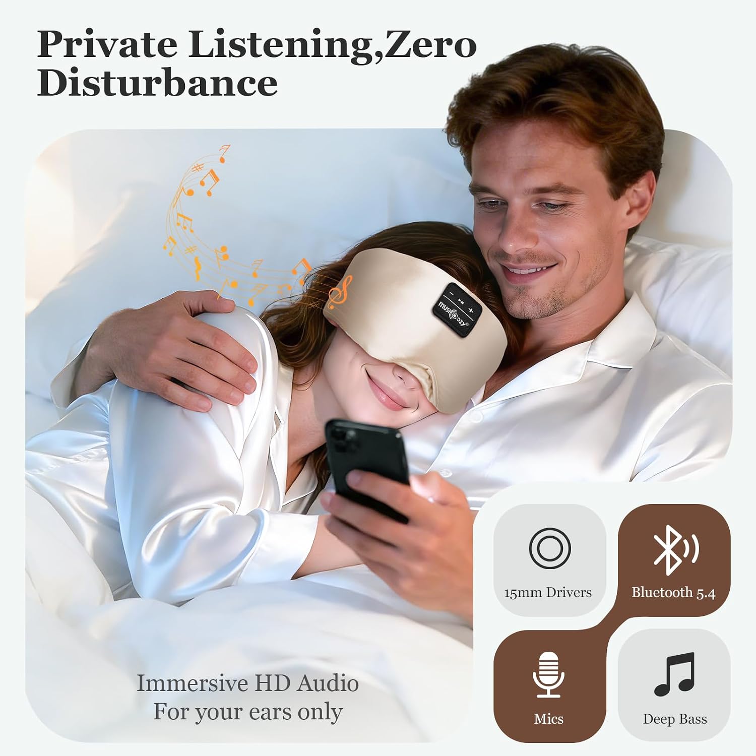 Detalle de MUSICOZY Sleep Mask Headphones with 3D silk design and Bluetooth 5.4 for side sleepers