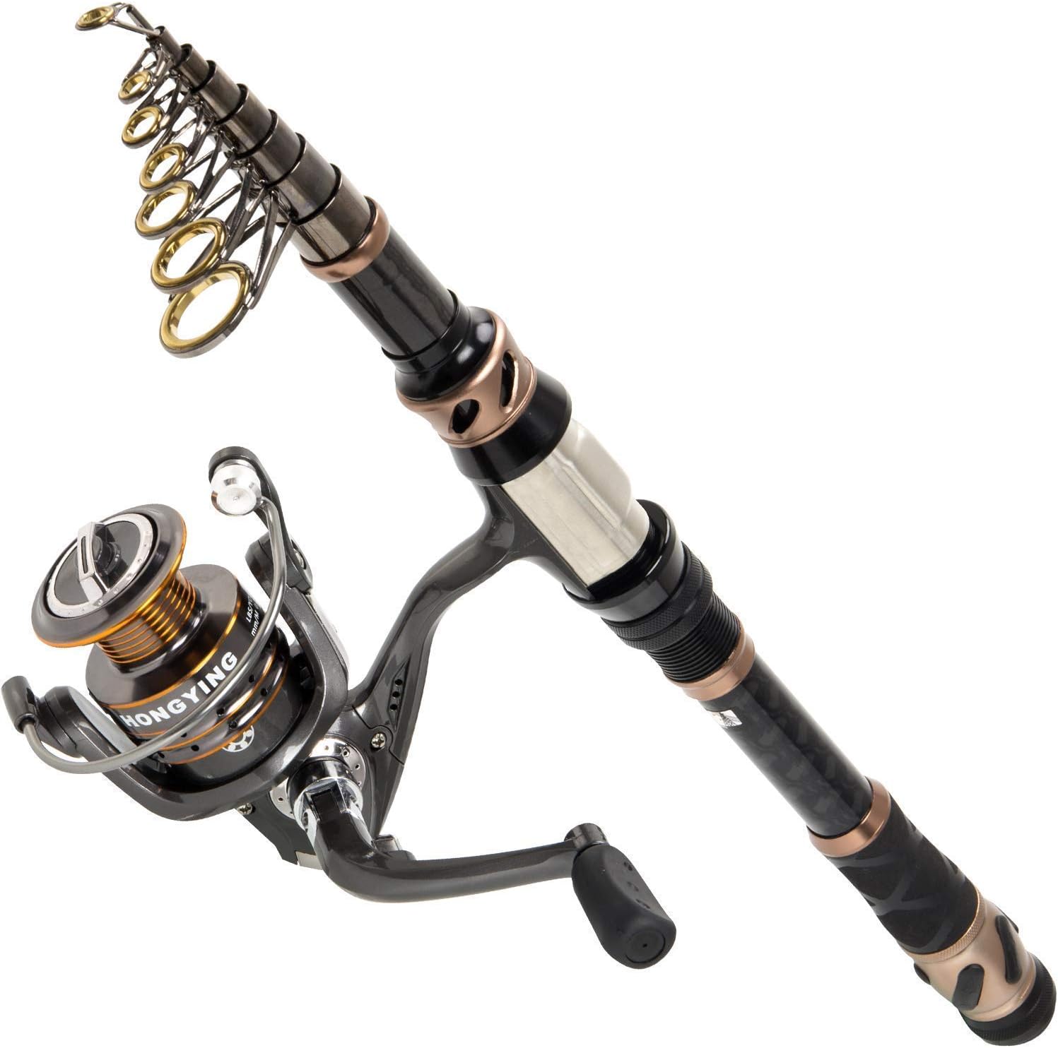PLUSINNO Fishing Rod and Reel Combos — Carbon Fiber Telescopic Rod with 12+1 Shielded Bearings Spinning Reel