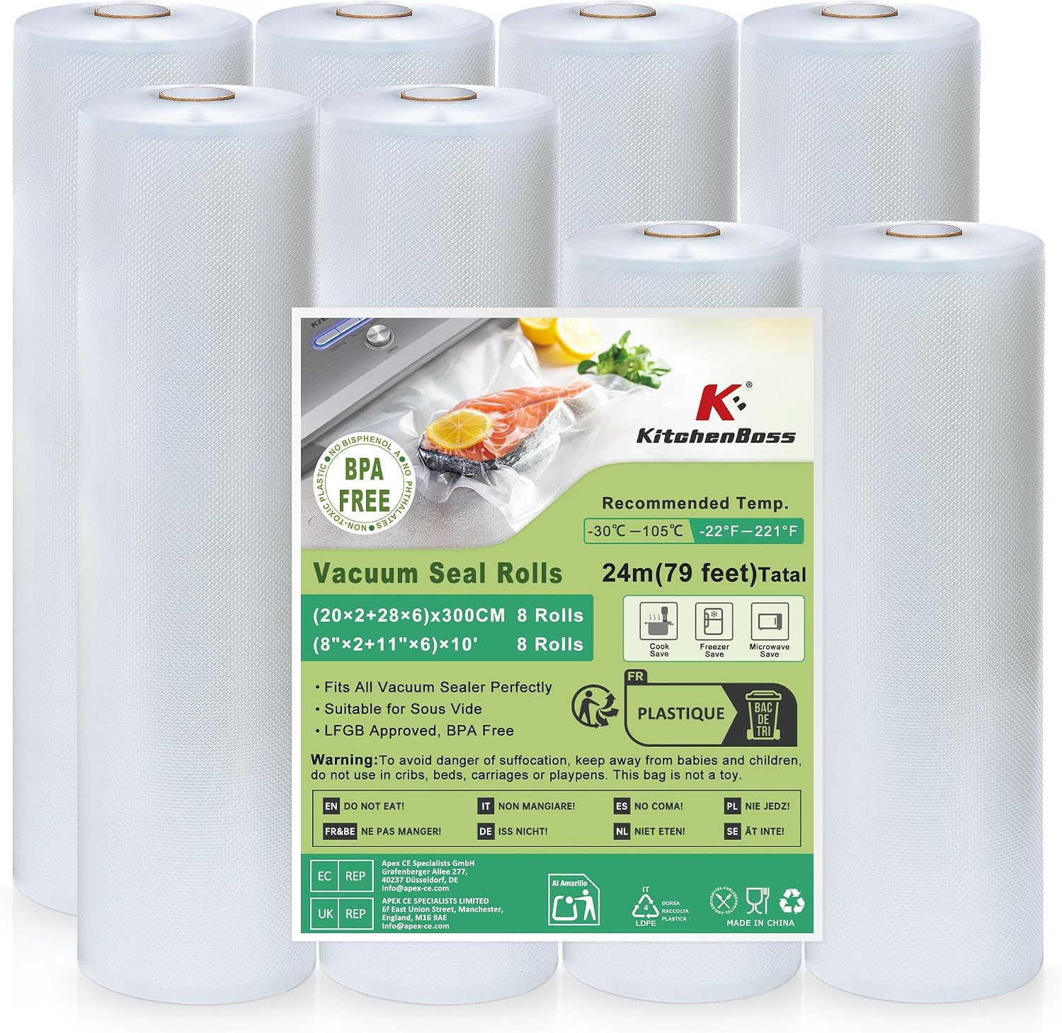 KitchenBoss Sacchetti sottovuoto alimenti 8 rotoli 300 cm 🍱