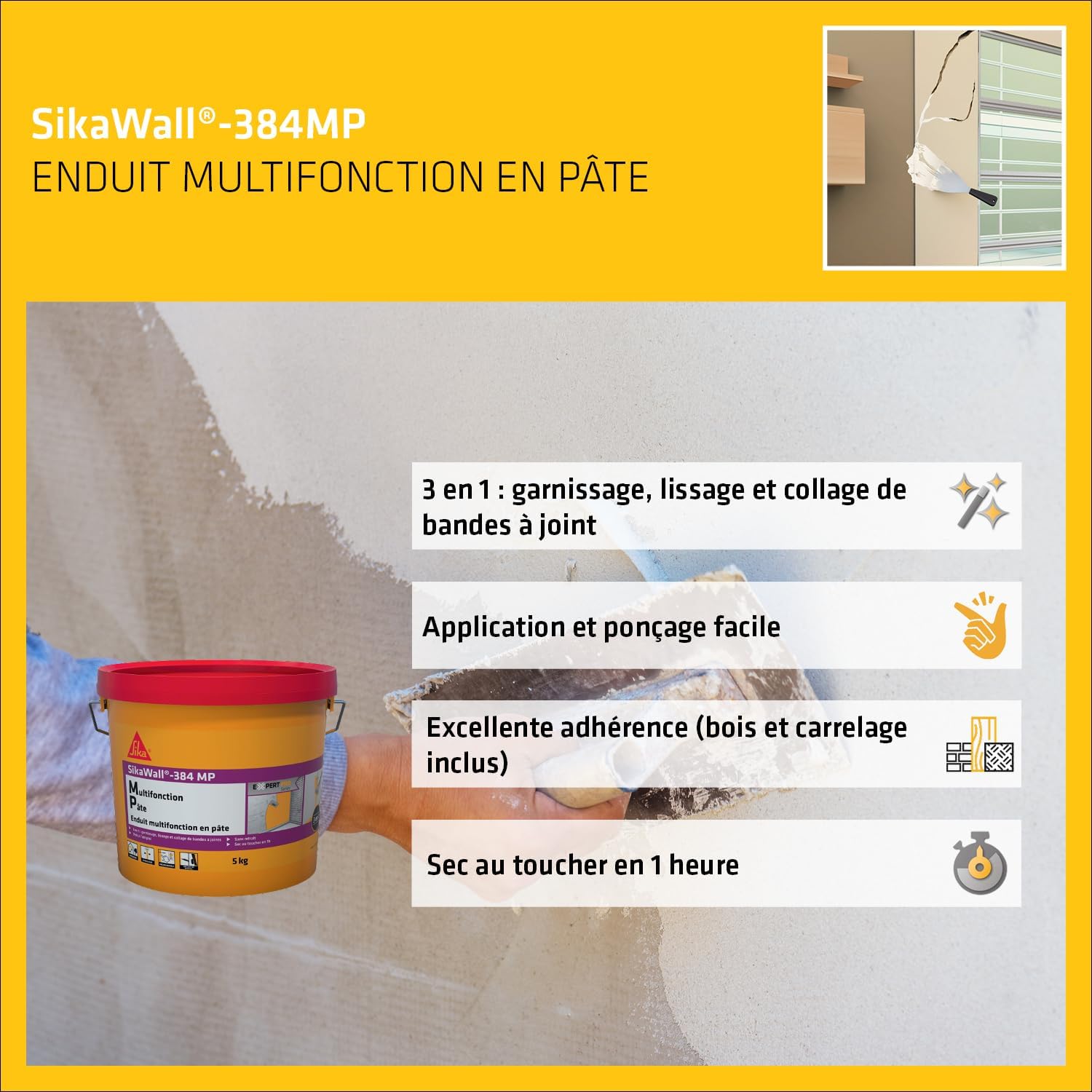 Detalle de SIKA Enduit multifonction SikaWall 384 MP Blanc – 5 kg, prêt à l’emploi pour garnissage, lissage et collage de bandes à joints