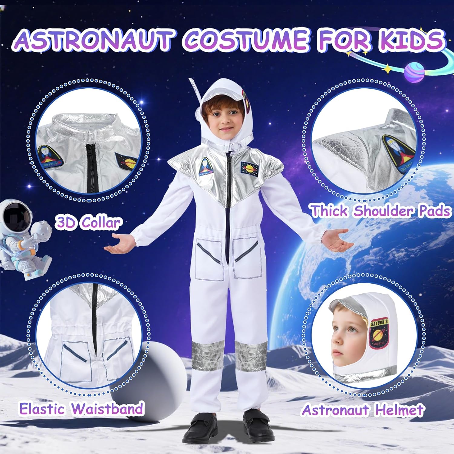 Thumbnail 2 de BSBUY Costume Astronauta per Bambini con casco e tuta spaziale per Halloween, Carnevale e Natale