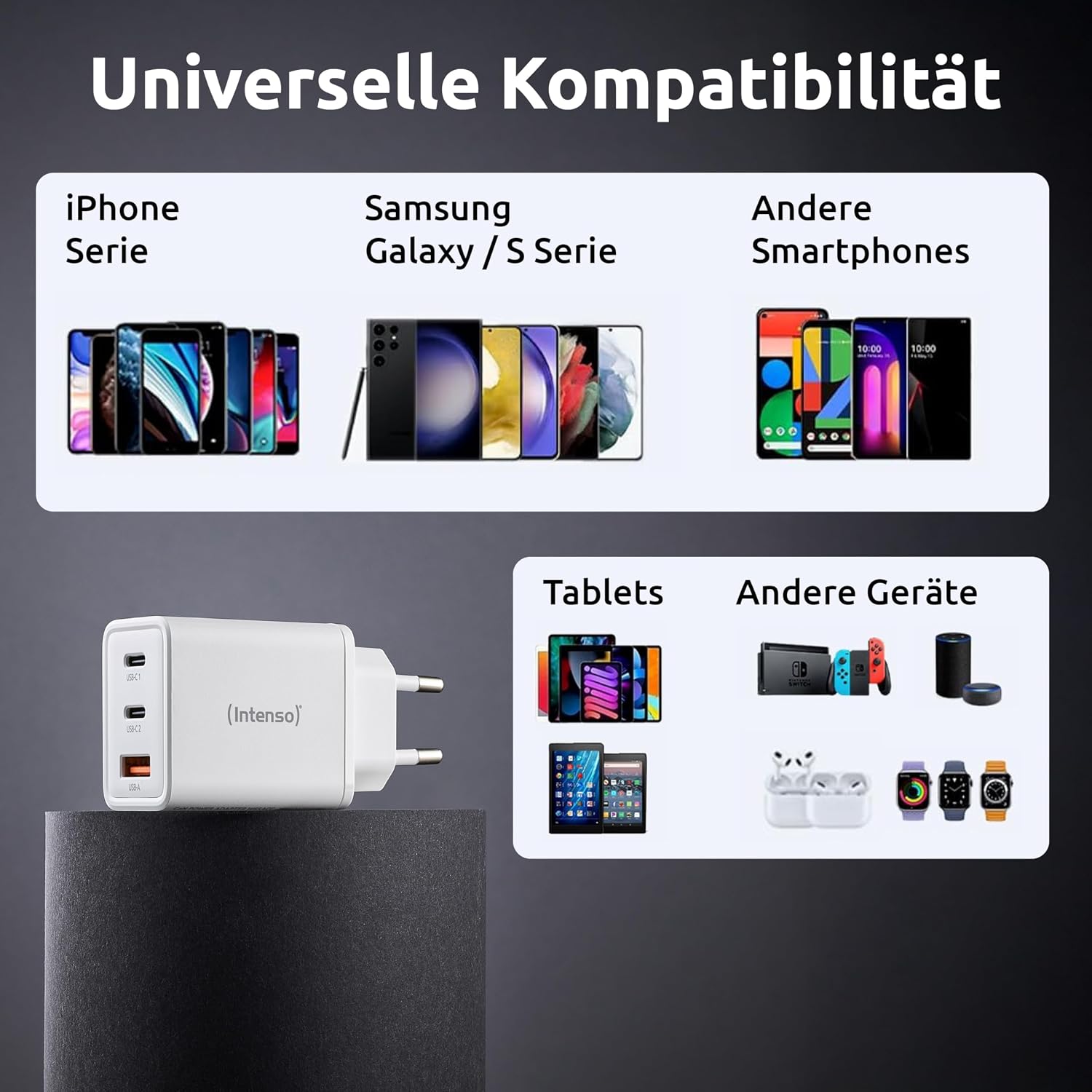 Detalle 2 de Intenso W65ACC GaN Netzteil (65 W) – 3-Port USB-C & USB-A Ladegerät mit PD 3.0, PPS & QC 4.0
