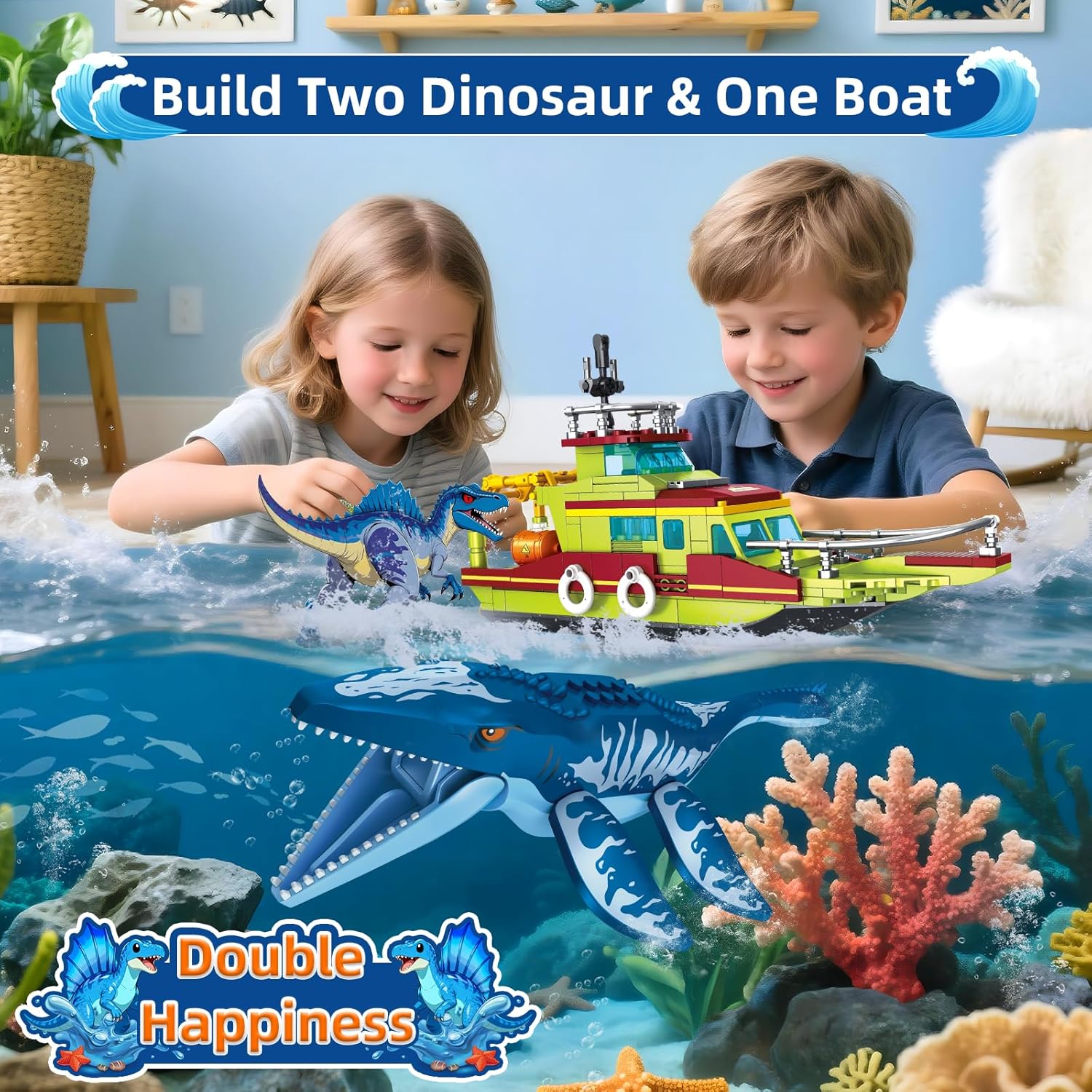 Thumbnail 2 de 3 IN 1 Ozean Explore Dinosaurier-Bauspielzeug mit Forschungsschiff, Mosasaurus & Spinosaurus (327 Teile) – für Kinder 6–12 Jahre