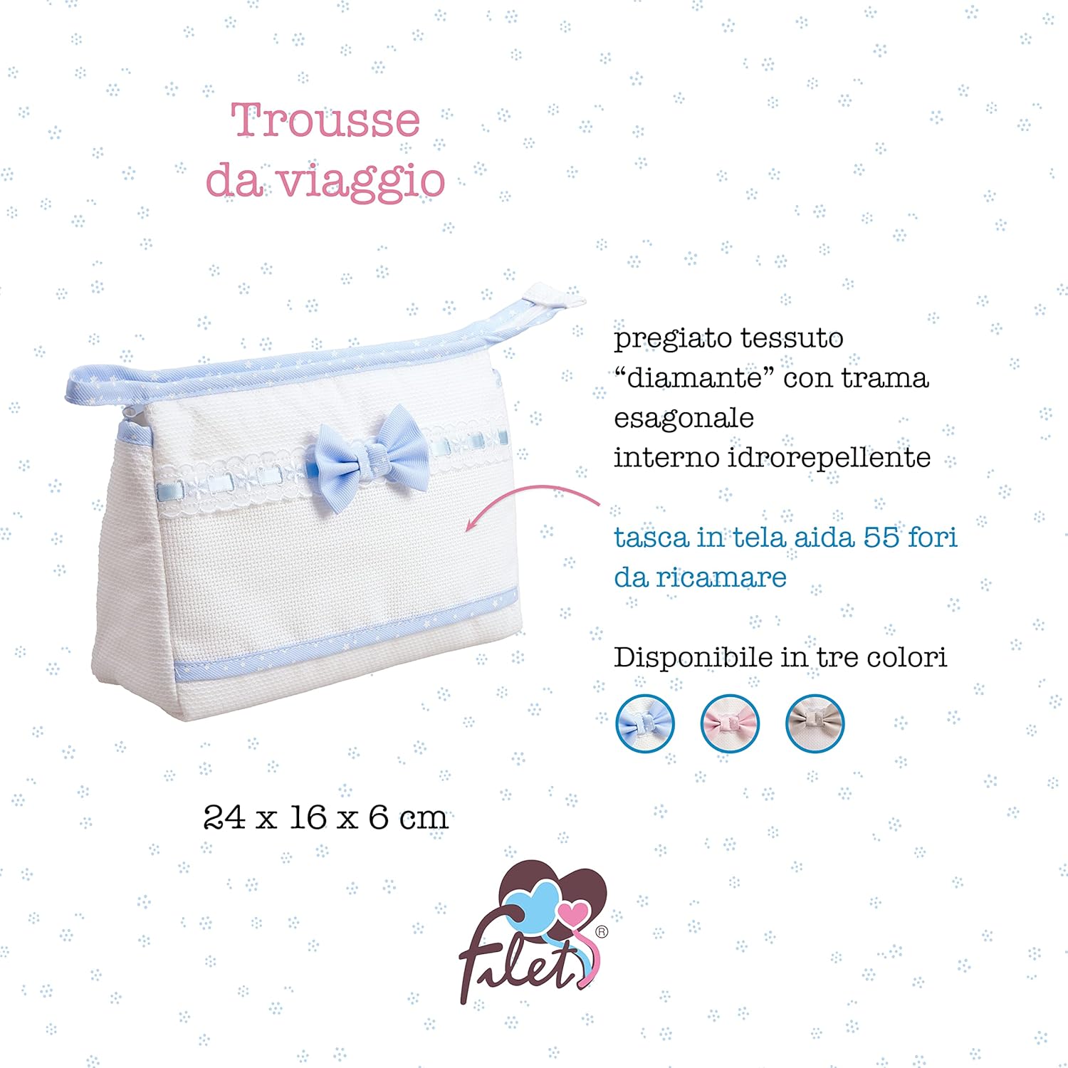 Thumbnail 3 de Filet - Trousse da viaggio in cotone con interno impermeabile e ricamabile all'esterno (24x16x6 cm) in azzurro e bianco
