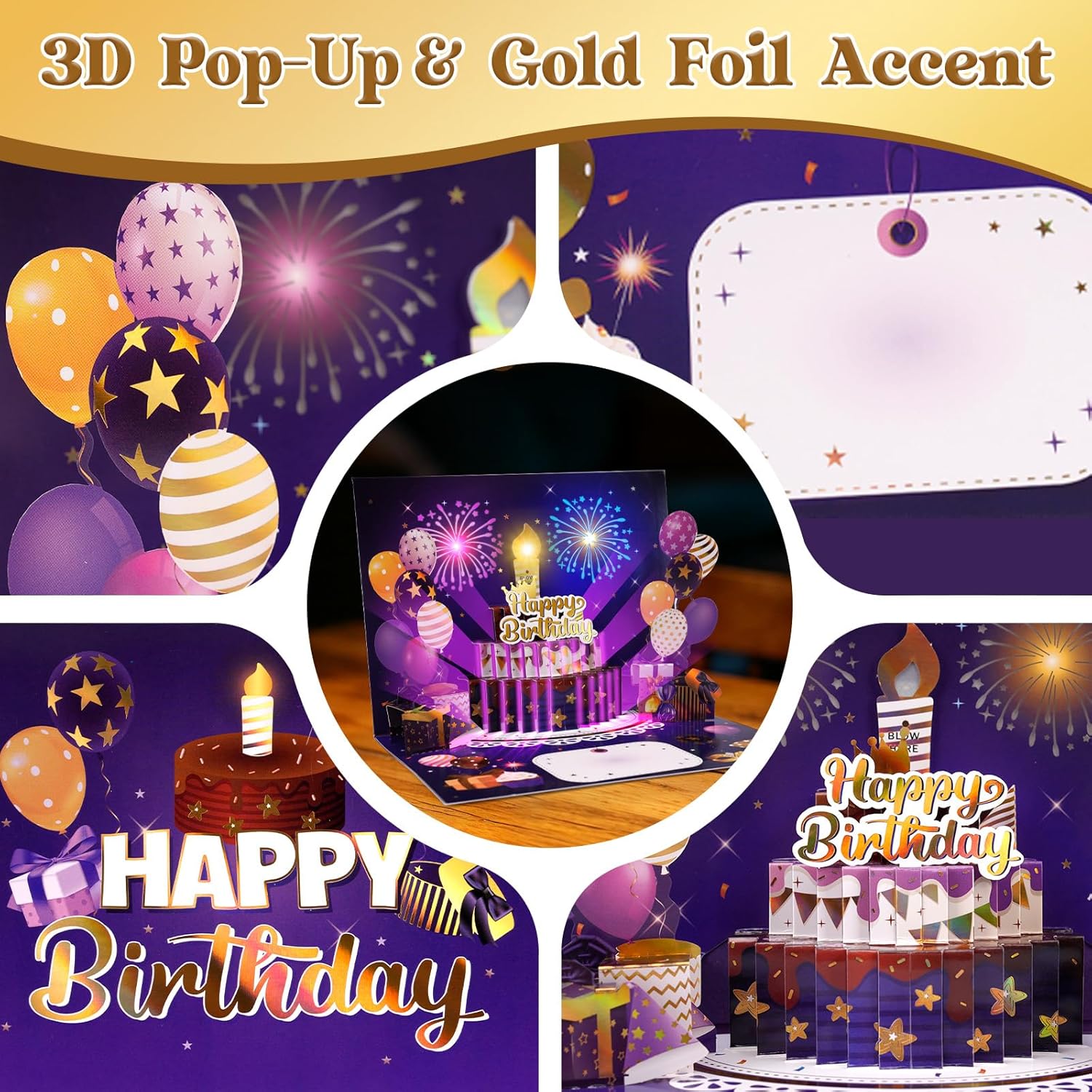 Thumbnail 3 de Pop Up Kuchen Geburtstagskarten mit Musik und Feuerwerk Licht – 3D-Karte für besondere Grüße