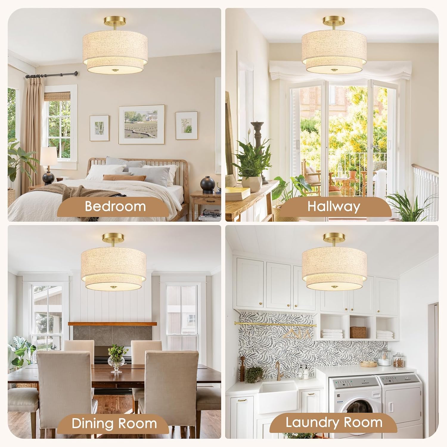 Detalle de Lanburch ceiling light 05 Semi-Flush Mount, 12.6-Inch Linen Shade, 3-Light