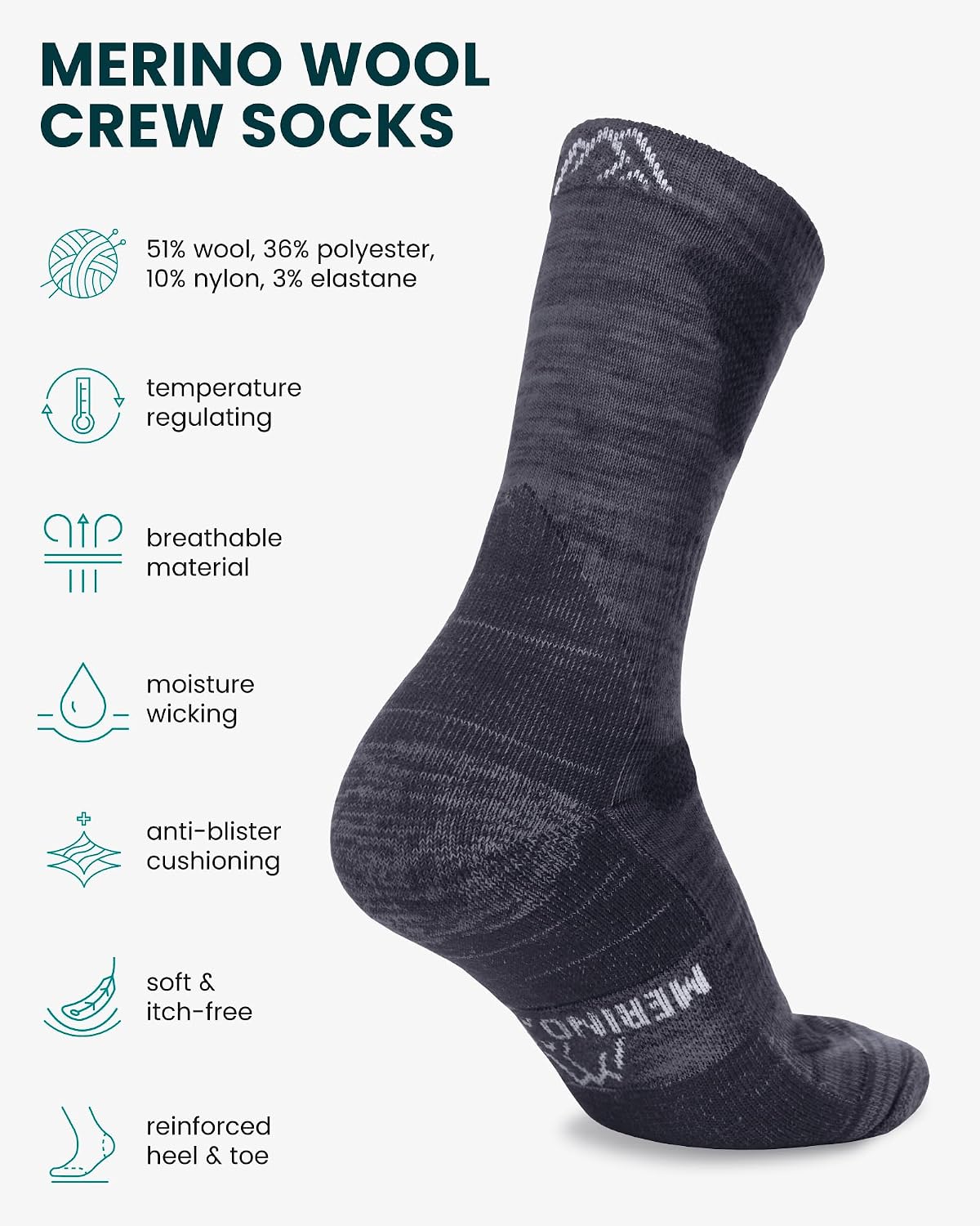 Thumbnail 1 de Merino.tech Merino Wool Crew Hiking Socks, 51% Merino, Cushioned