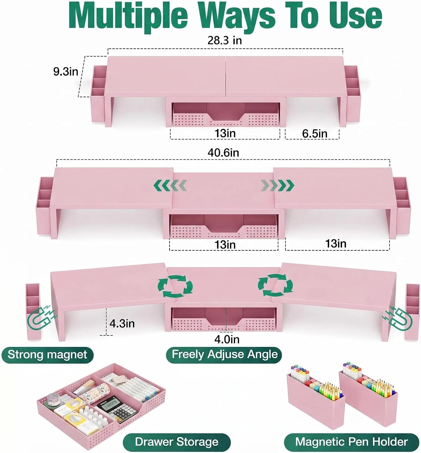 Thumbnail 6 de OPNICE Pink Monitor Stand Riser with Drawer and 2 Magnetic Pen Holders