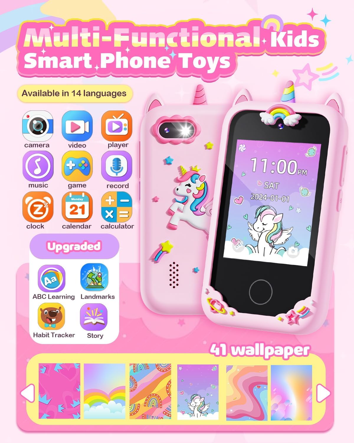 Thumbnail 1 de BAISIQI Kids Phone for Girls (Unicorn) – Dual Camera Toddler Phone Toy, Pink, for Ages 3–8