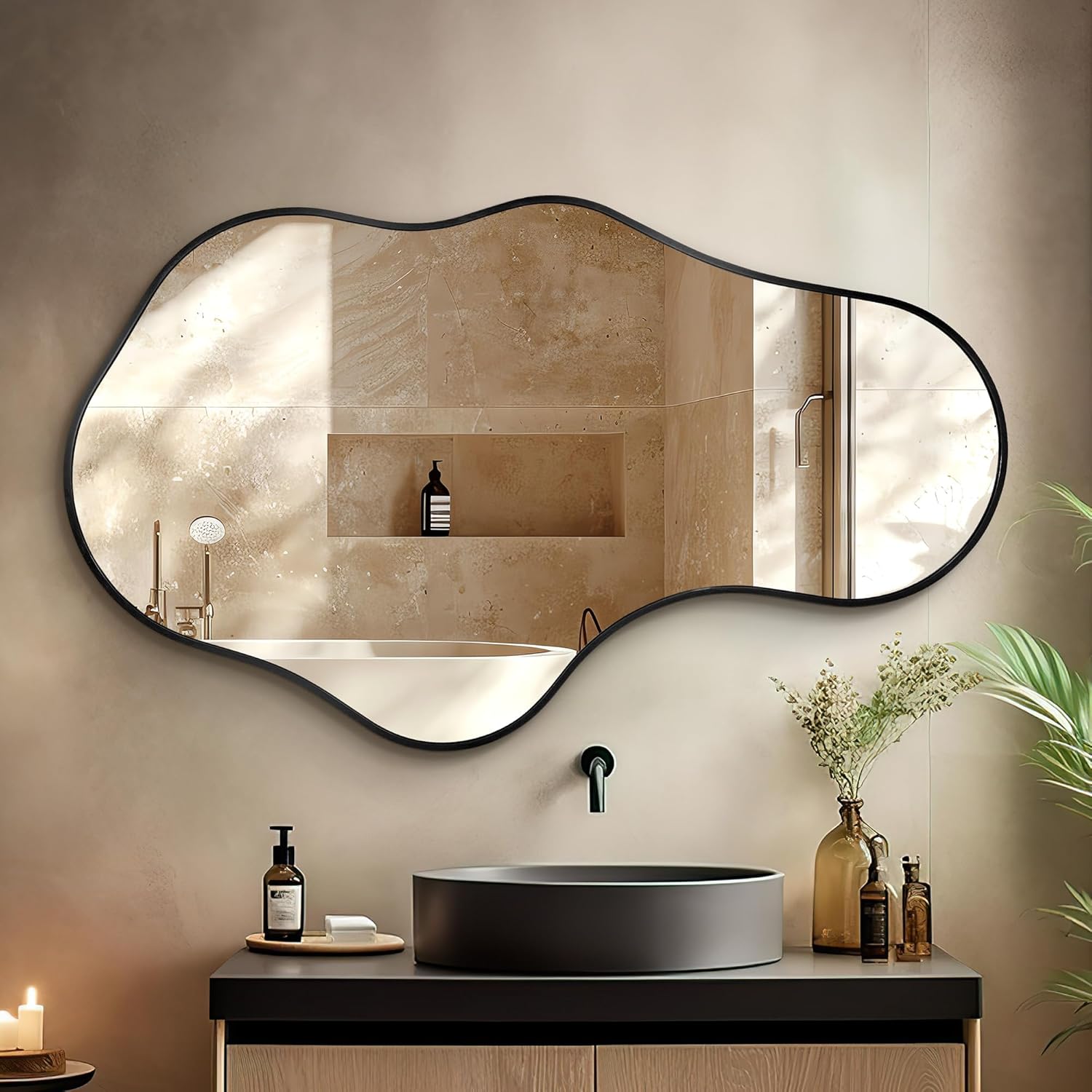 Thumbnail 6 de Fahomiss Specchio da Parete Ondulato Irregolare con Cornice in Alluminio – Design Astratto per Bagno, Camera e Ingresso