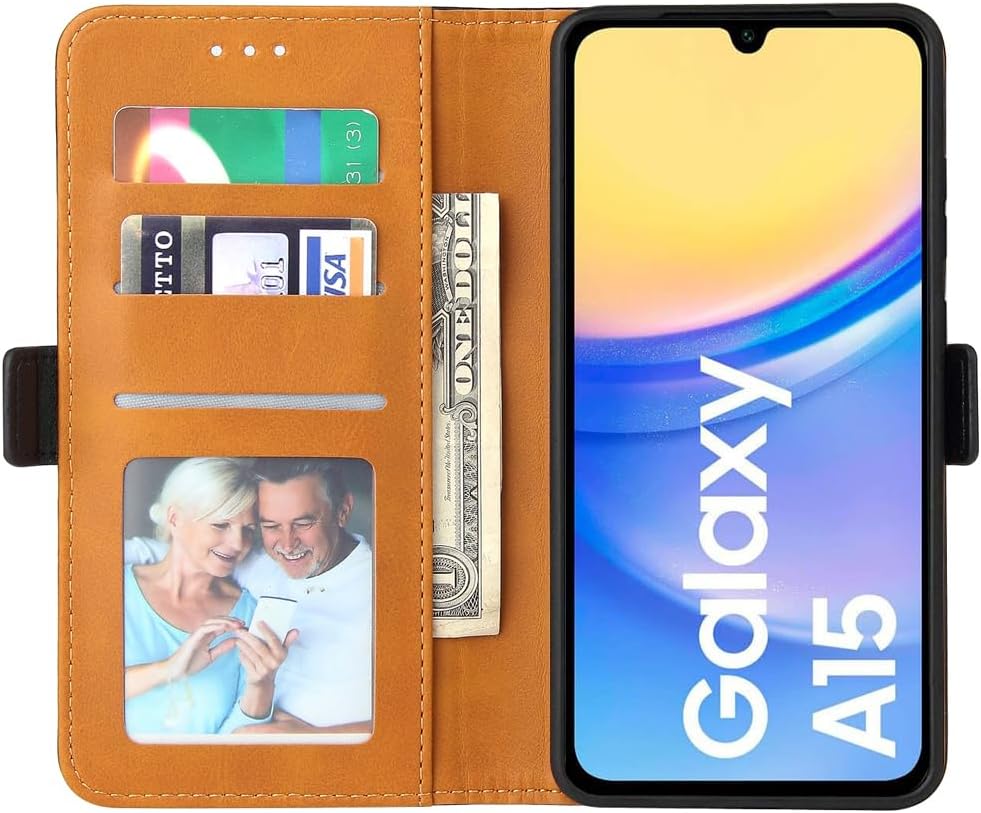 Detalle 2 de ROJIOJIO Leder-Bookcase Hülle für Samsung Galaxy A15 5G – Kartenfach, Standfunktion, Magnetverschluss, Schwarz