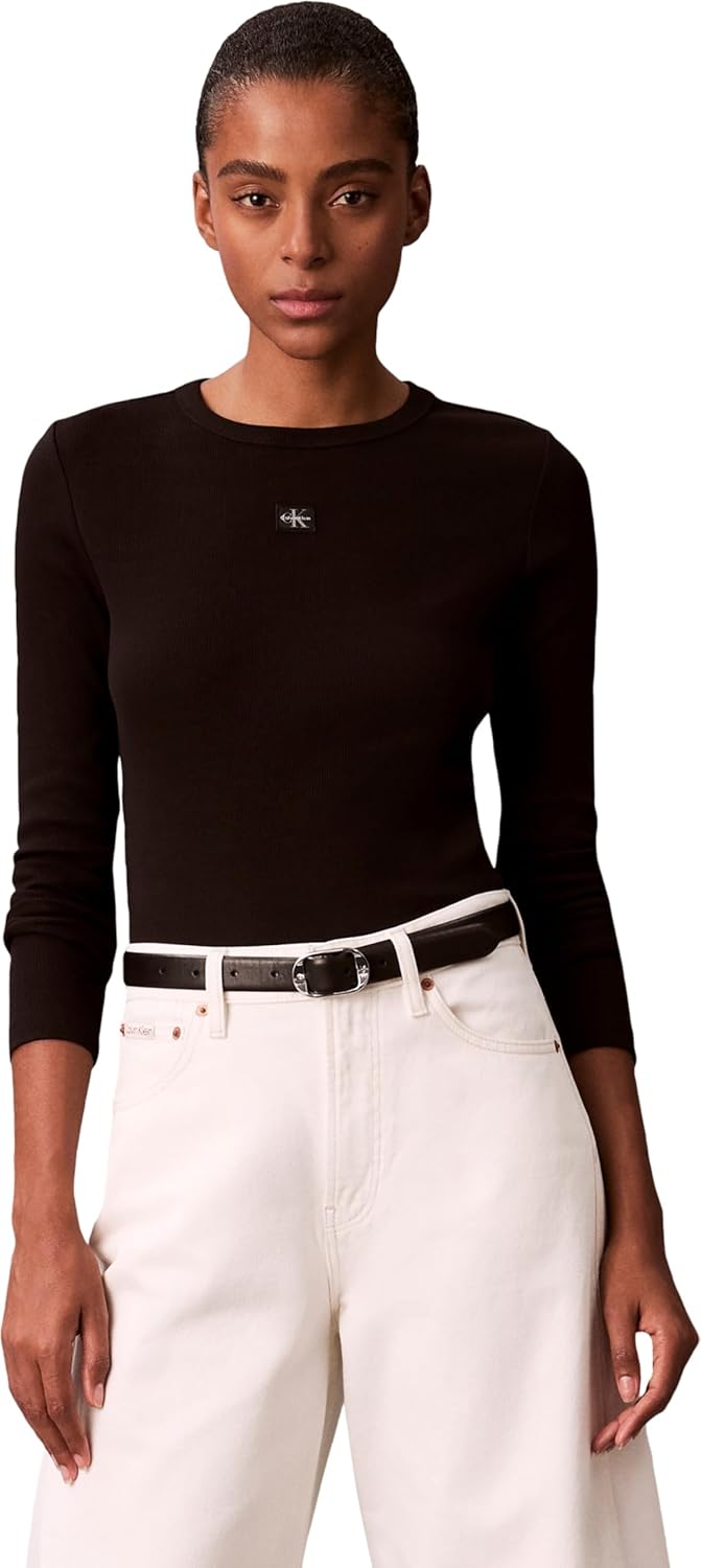 Thumbnail 4 de Calvin Klein LS Woven Label 2x2 Rib Crew Top da donna