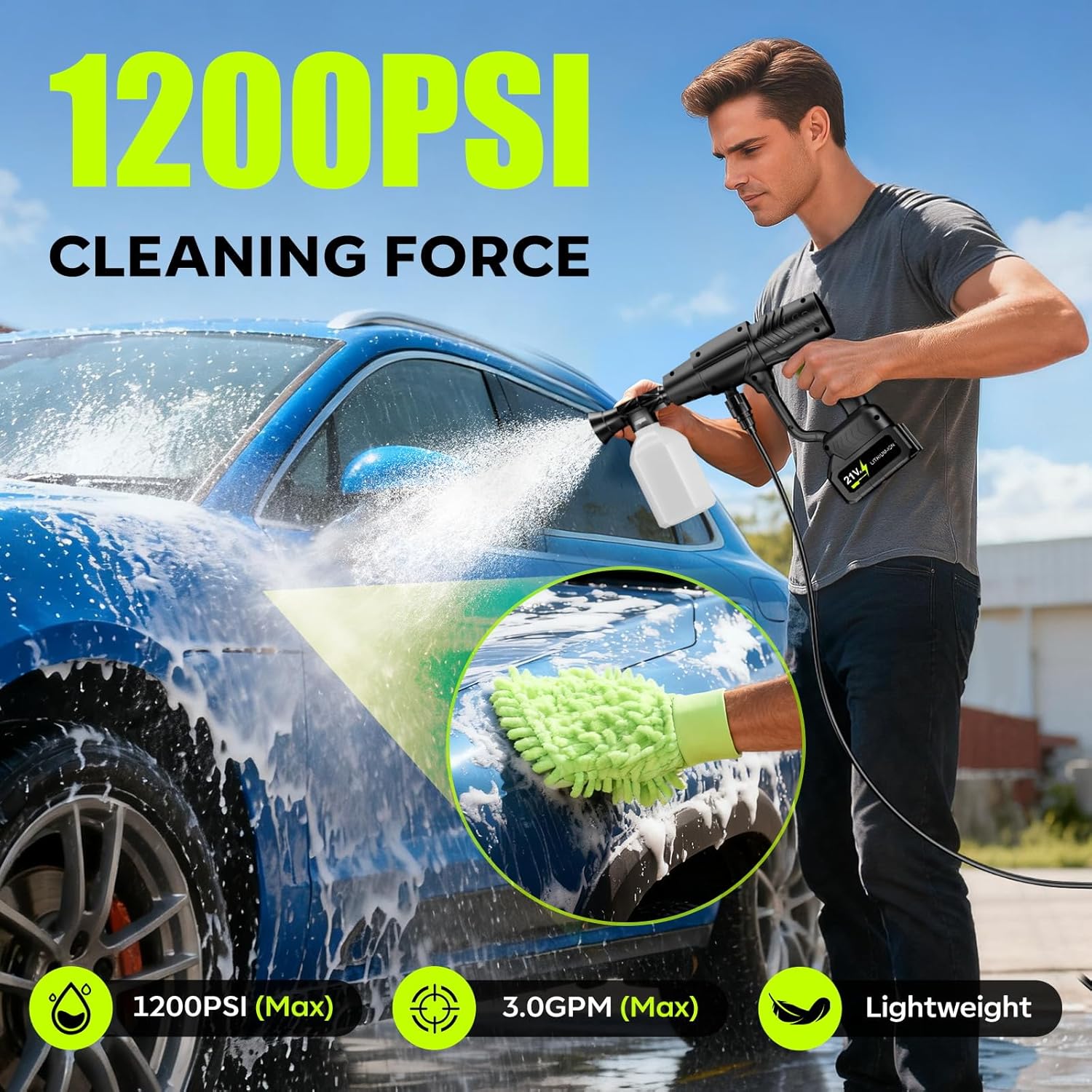 Detalle de YKYI Cordless Pressure Washer with Toolbox: 1200 PSI, 21V Battery – Portable Cleaning Power