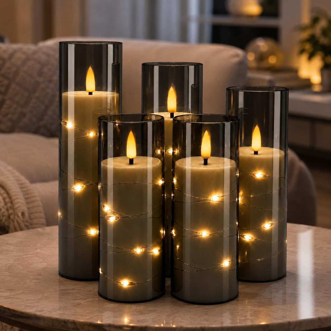 Detalle 2 de Da by 5 Candele LED Grigie con Luci Fatate Avvolgenti – set da 5 candele con telecomando