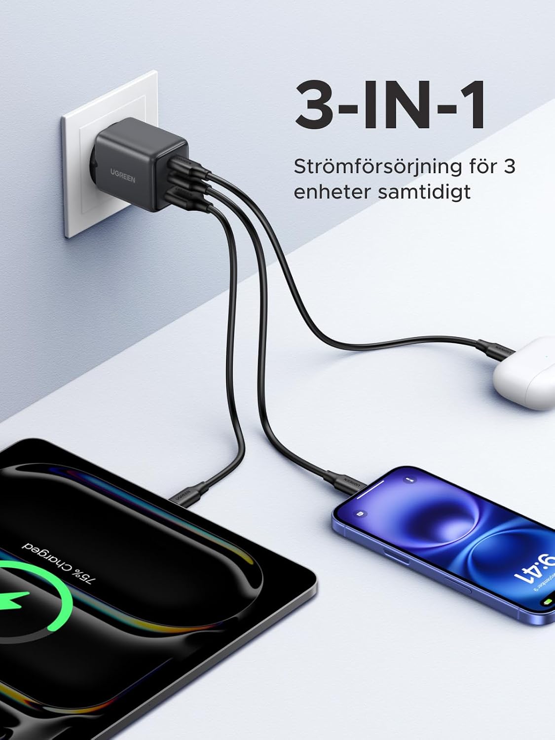 Detalle de UGREEN 30 W USB-C-laddare med 3 portar och GaN II