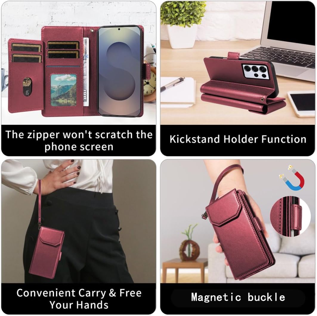 Thumbnail 3 de Asuwish Wallet Case for Samsung Galaxy S25 Ultra 5G with Tempered Glass Screen Protector, Wrist Strap and Stand