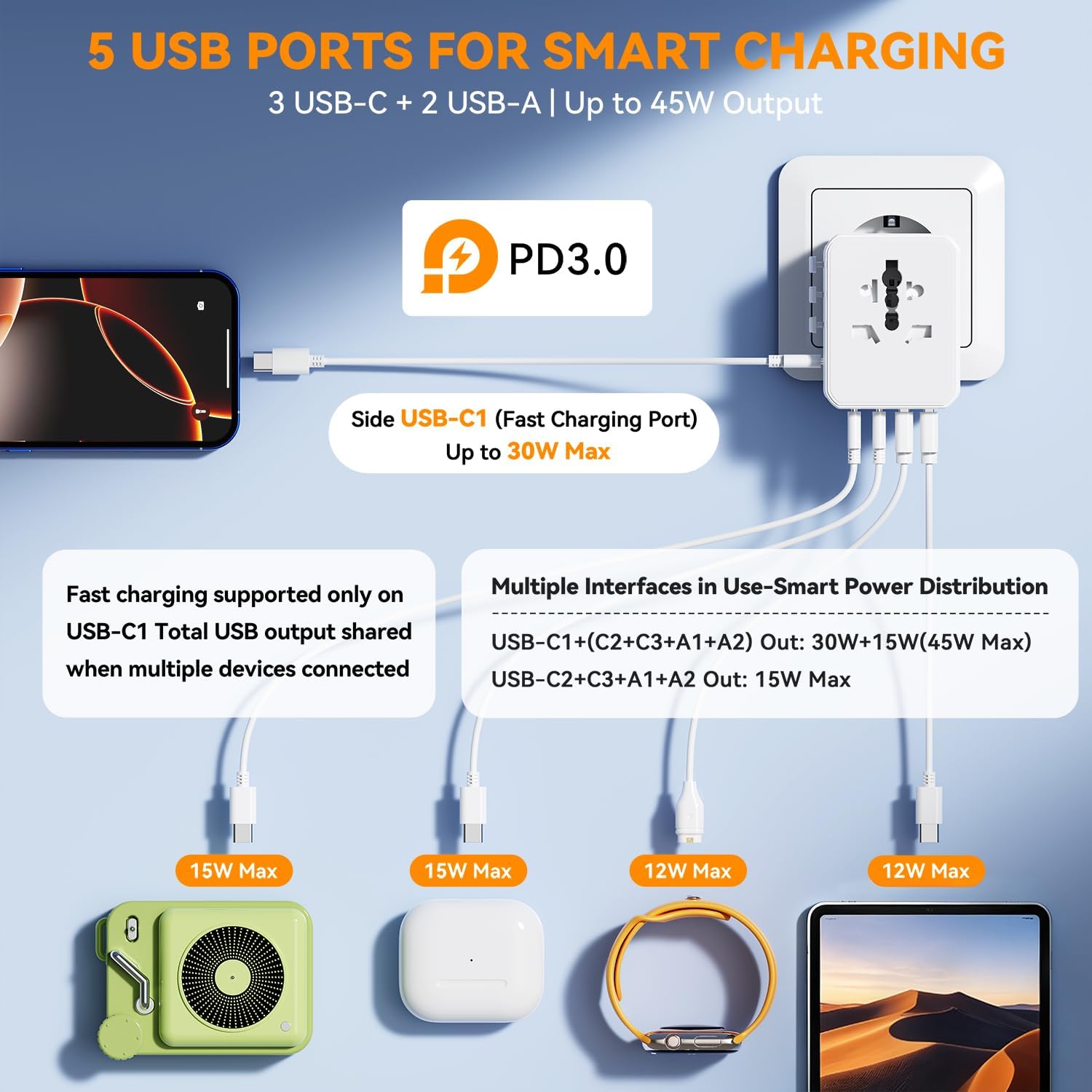 Detalle de Auxmir Universal Travel Adapter — 8-in-1 Worldwide Power Plug with 3 AC, 3 USB-C PD, and 2 USB-A Ports