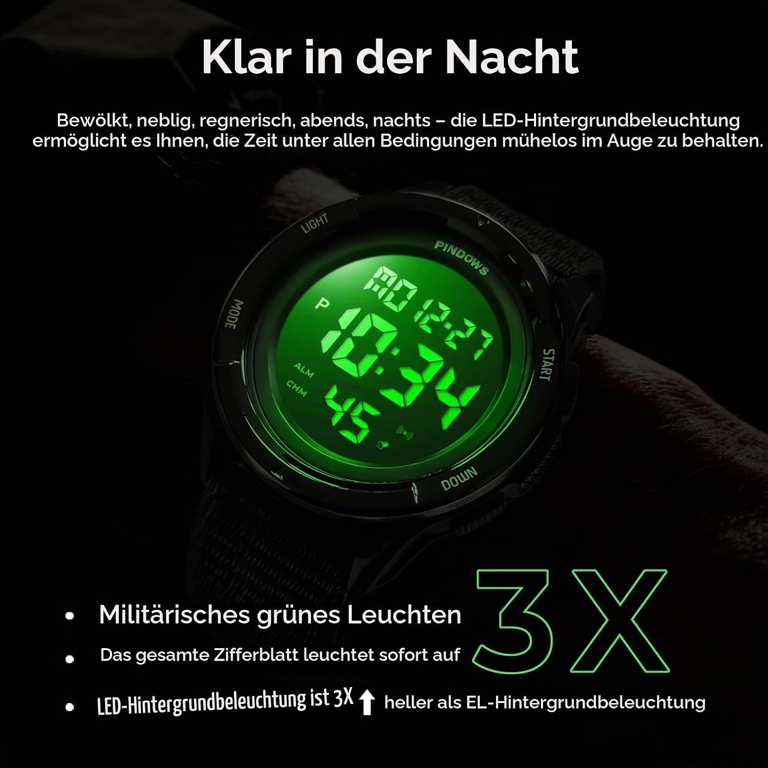 Detalle 2 de PINDOWS Herren Digitaluhr – Militär, Outdoor & Sport, 50 m Wasserdicht