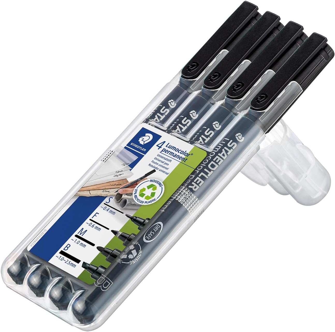 Staedtler Lumocolor Permanent – Ensemble de 4 feutres noirs indélébiles (0,4–2,5 mm) en étui chevalet