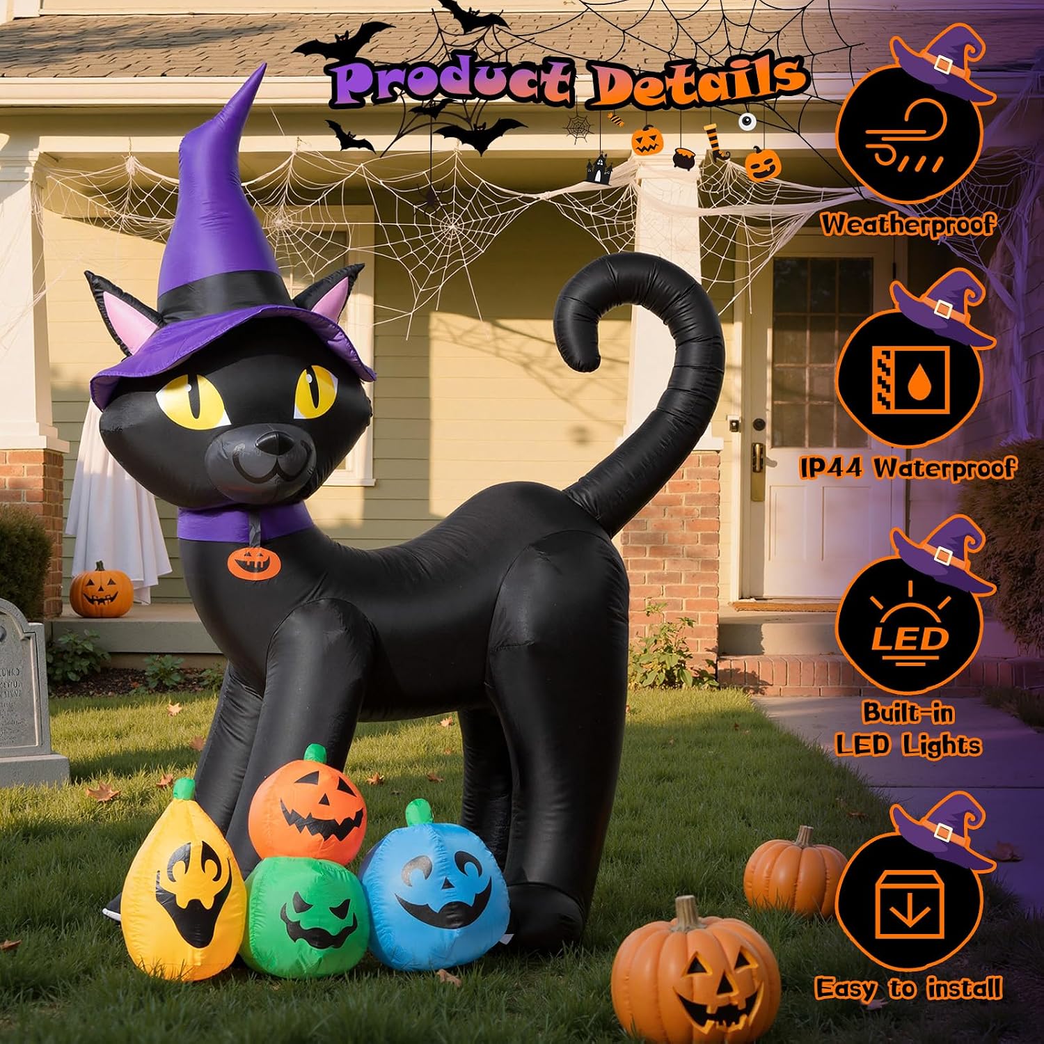 Detalle de Dawdix 6FT Halloween Inflatable Black Cat with Witch Hat, LEDs and Pumpkins
