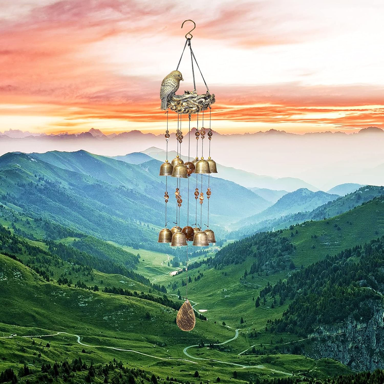 Detalle 2 de Askhald Bird Nest Wind Chime, Bronze Resin Nest and 12 Copper Alloy Bells