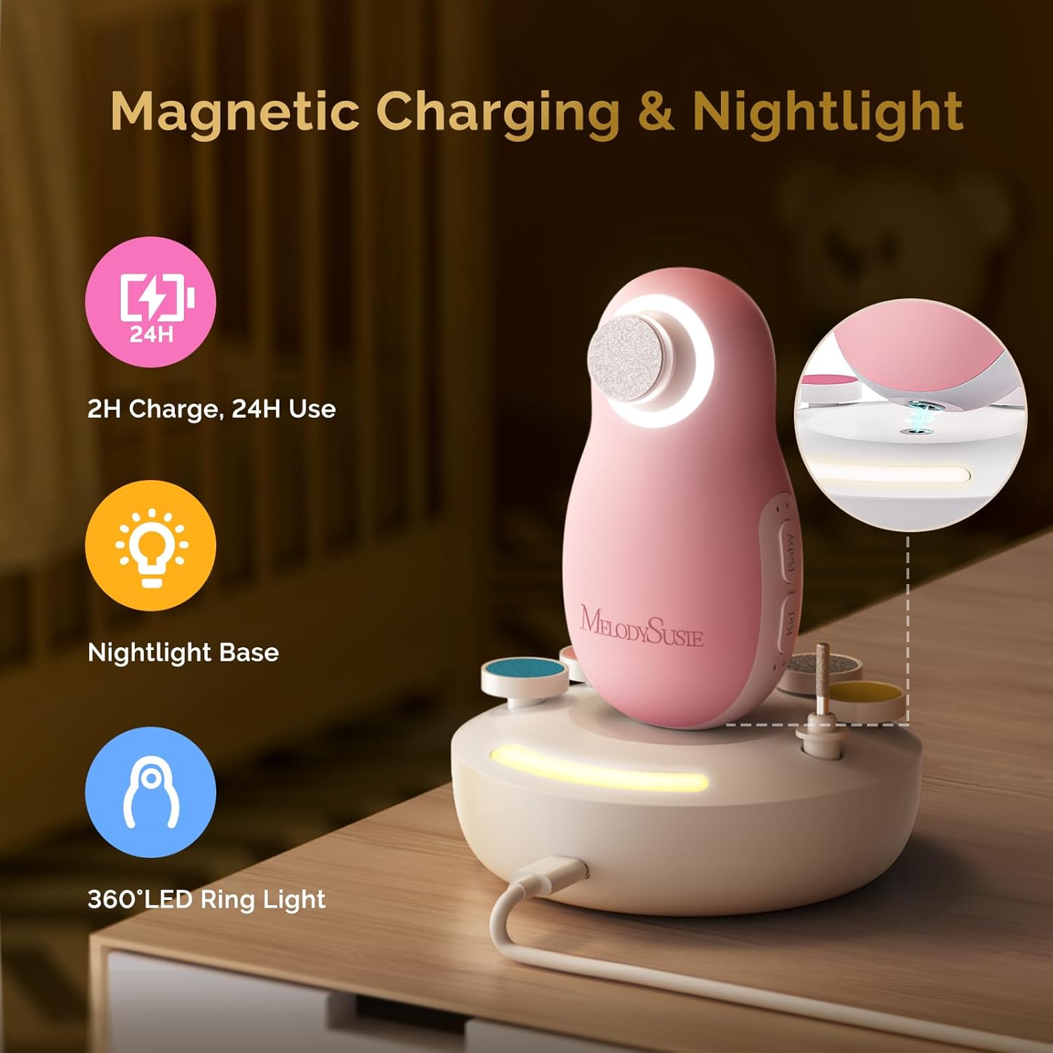 Detalle de MelodySusie Lime à Ongles Électrique pour Bébé – Coupe-ongles sans fil, veilleuse et recharge magnétique (rose)
