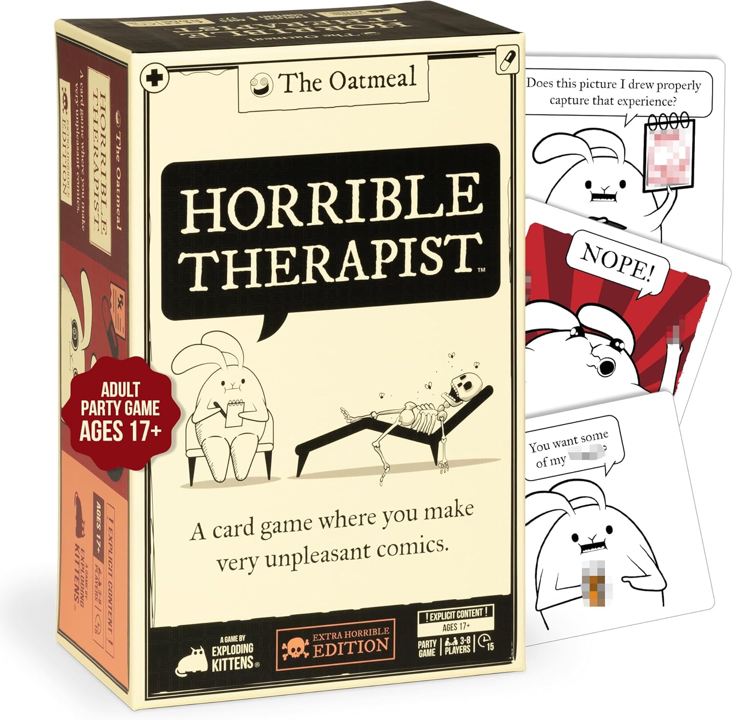 Detalle de Exploding Kittens – Horrible Therapist: Extra Horrible Edition (3–8 Spieler, 17+) – Comic- und Therapiesatire