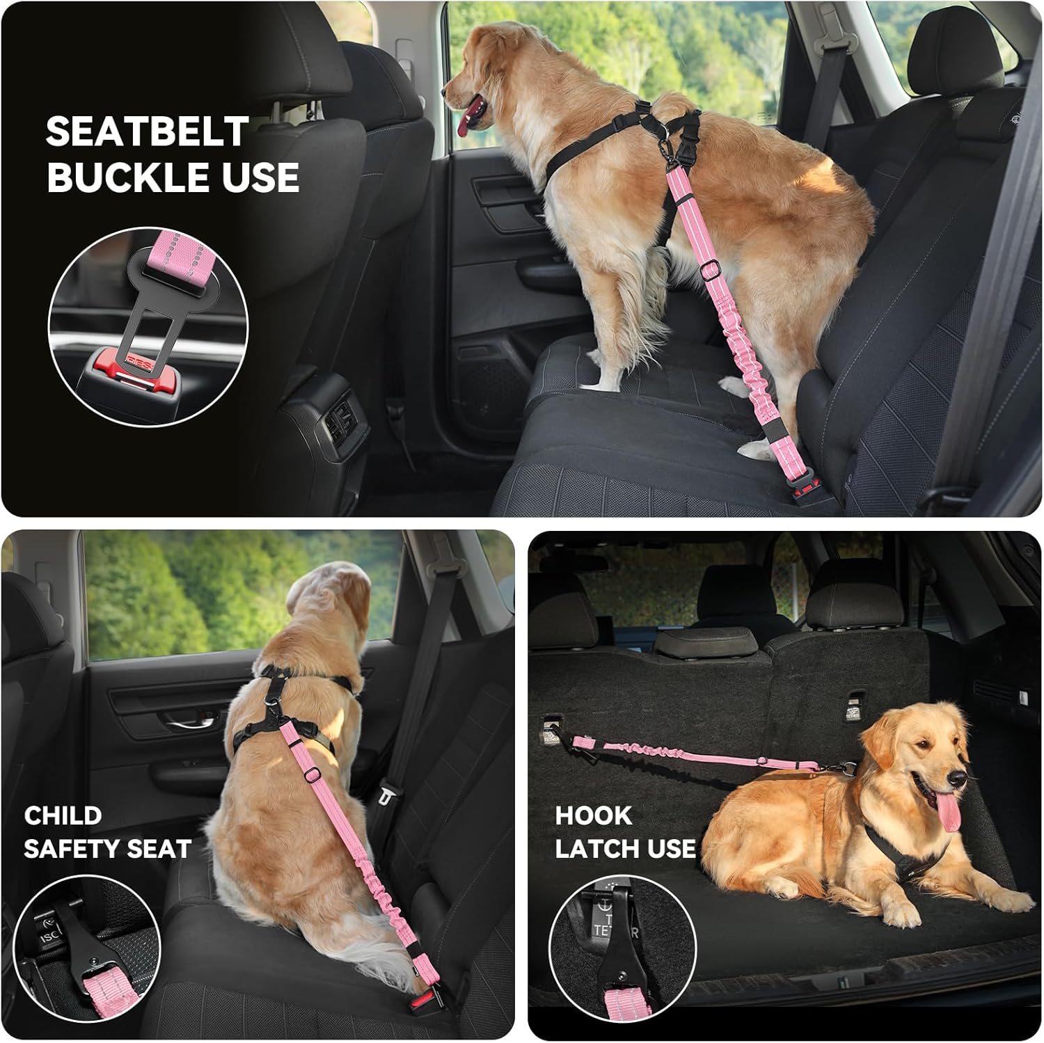 Thumbnail 3 de Pawaboo Dog Seat Belt Harness (Pink & Black) with Double Clips, Elastic Bungee and Adjustable Vest