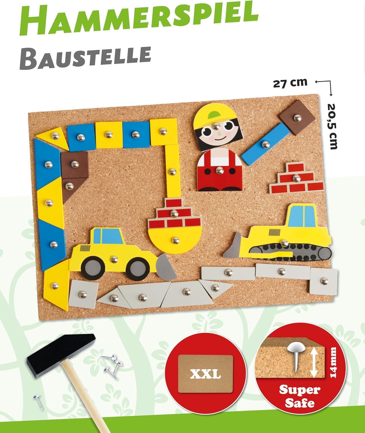 Detalle de Lena 65828 Hammerspiel – Nagelspiel mit 64 bunten Plättchen, Korkplatte 28 × 19,5 cm