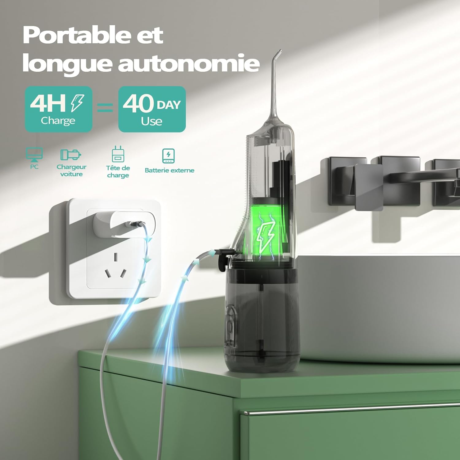 Detalle de OasiSmile Hydropulseur Jet Dentaire 300 ml avec 5 embouts et 4 modes – portable, IPX7, USB-C