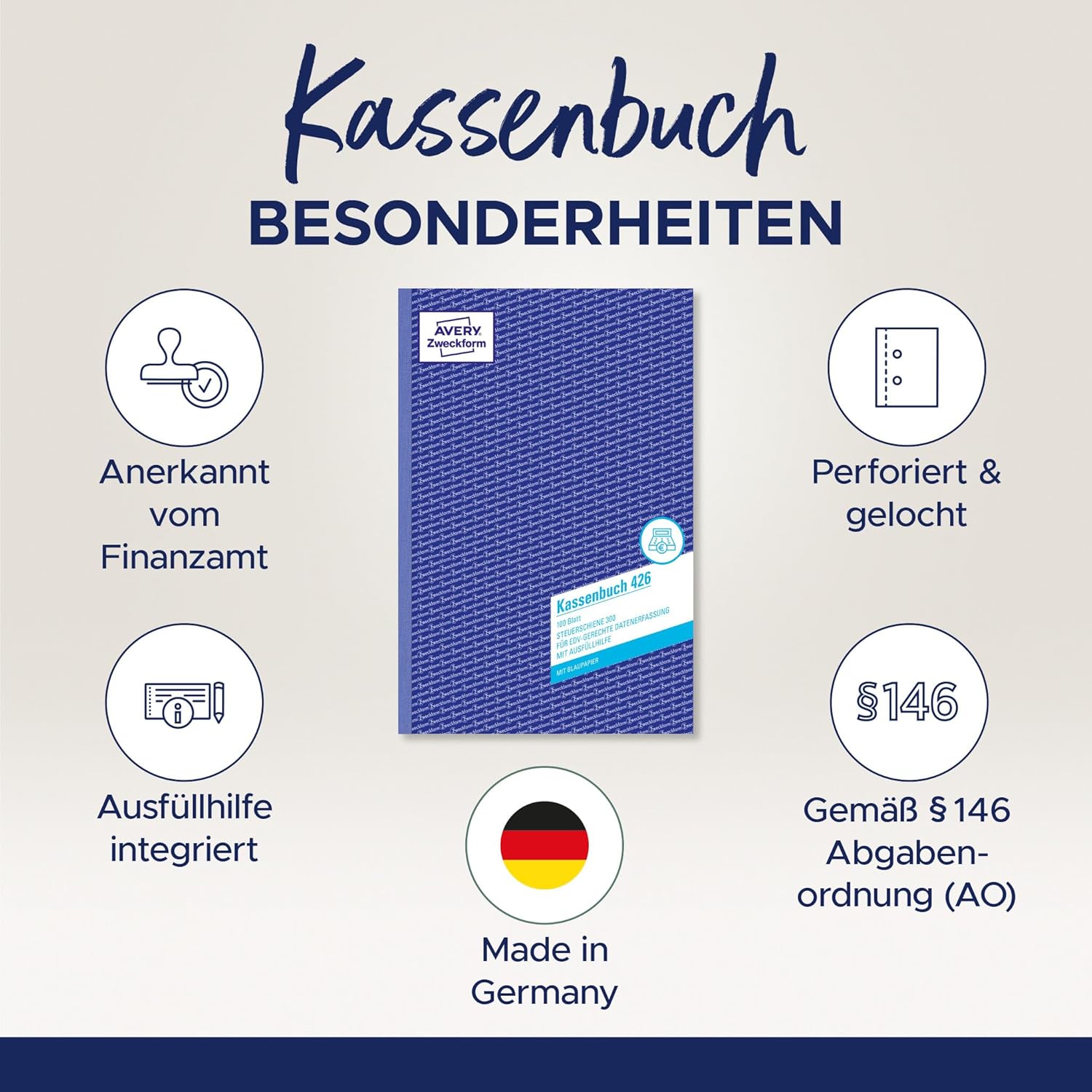 Detalle 2 de AVERY Zweckform 426 Kassenbuch (A4, 100 Blatt, 1 blaues Blatt) – gesetzeskonforme, DATEV-gerechte Datenerfassung für Deutschland