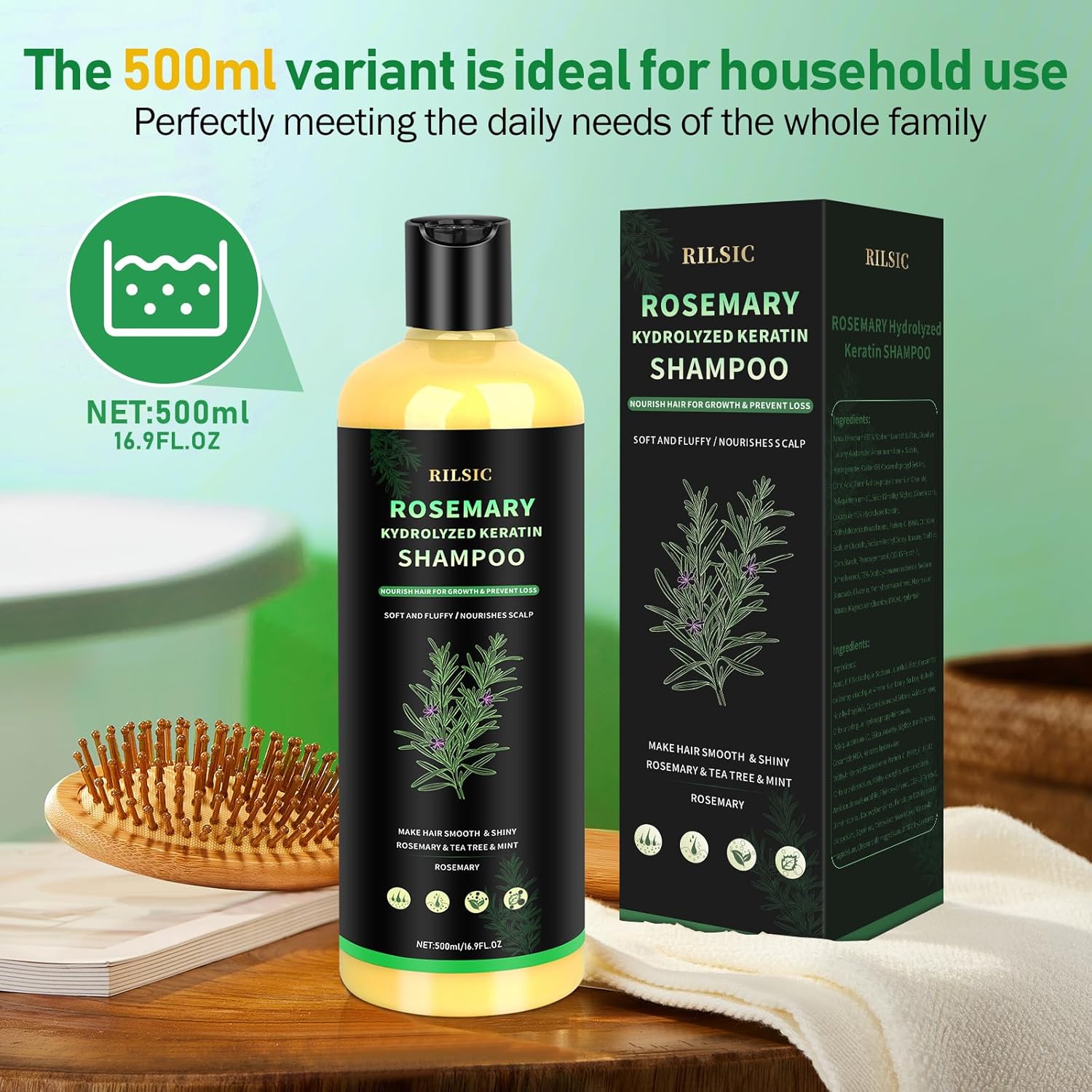Detalle de Shampoo Rosmarino 500ML con Cheratina Idrolizzata – Benessere per Cuoio Capelluto e Capelli