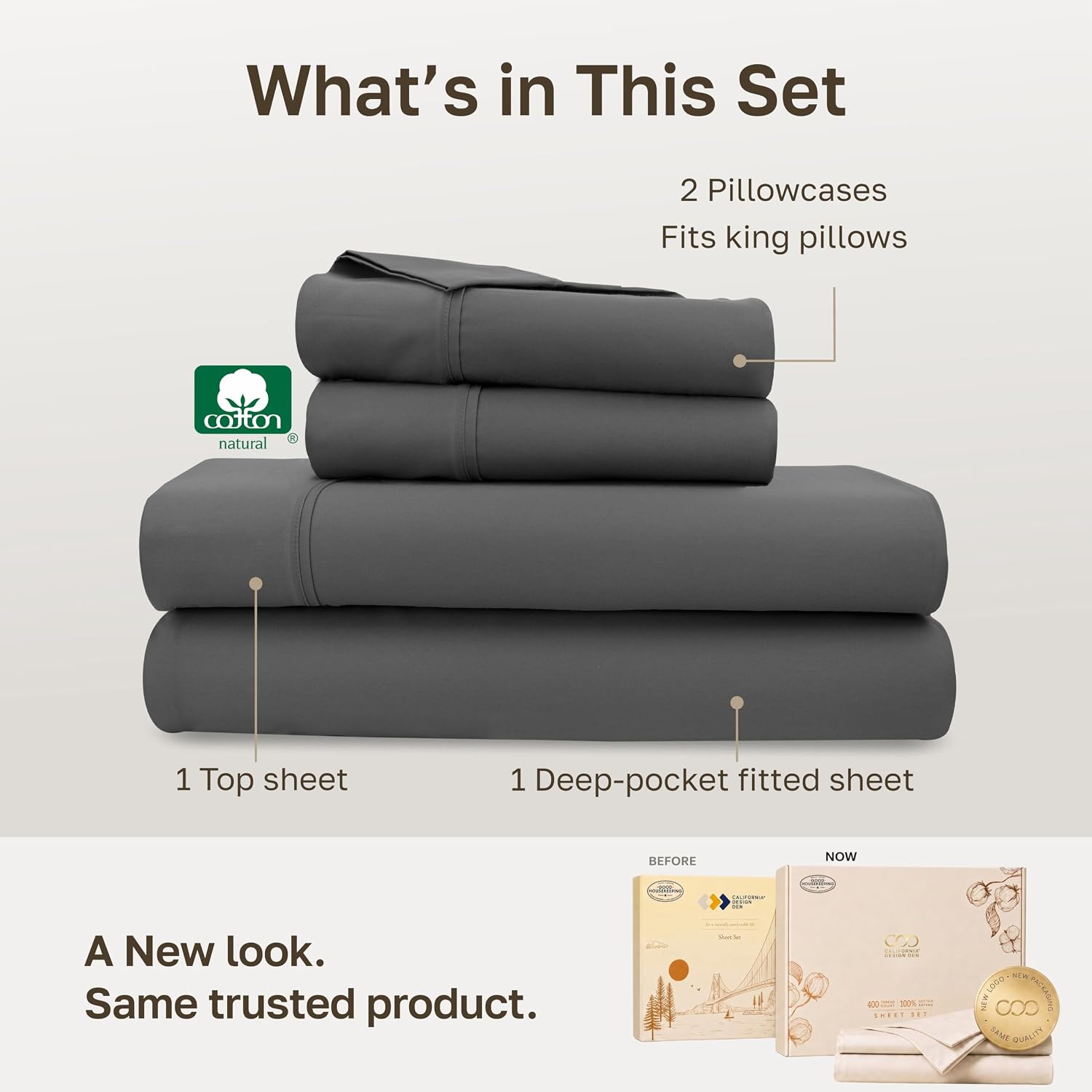 Detalle de California Design Den 400 Thread Count King Cotton Sateen Sheet Set, Grey