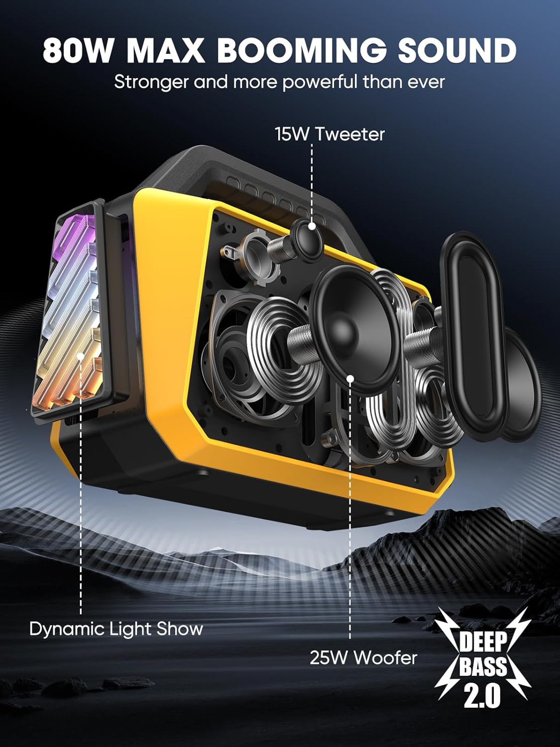 Thumbnail 1 de TPWIN Portable Bluetooth Speakers (80W Peak) with BT 5.3, IPX6, TWS & Light Shows - Yellow