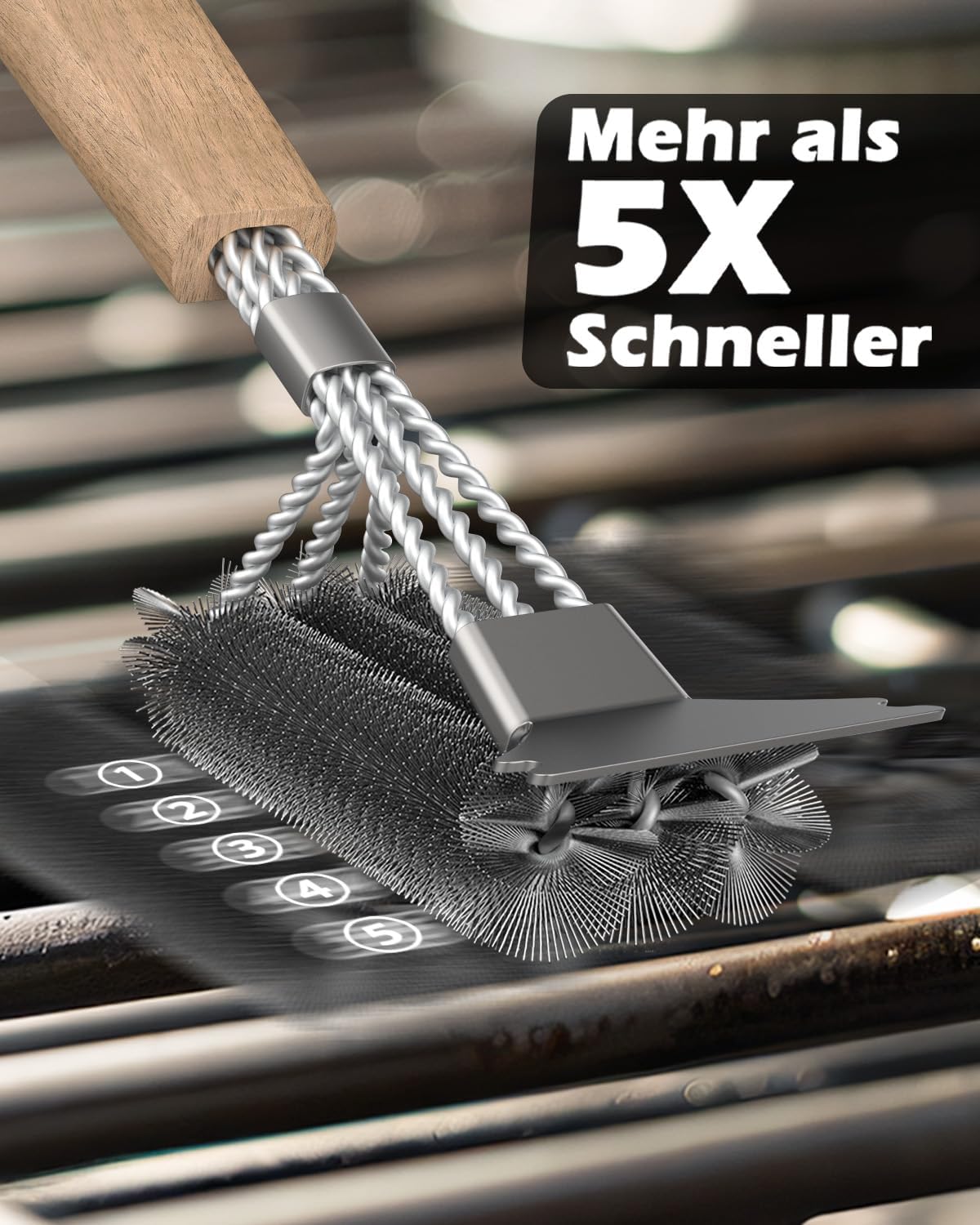 Thumbnail 3 de Grillbürste mit Holzgriff und Edelstahlschaber – 39 cm extra langer Reinigungsgriff für Grillrost