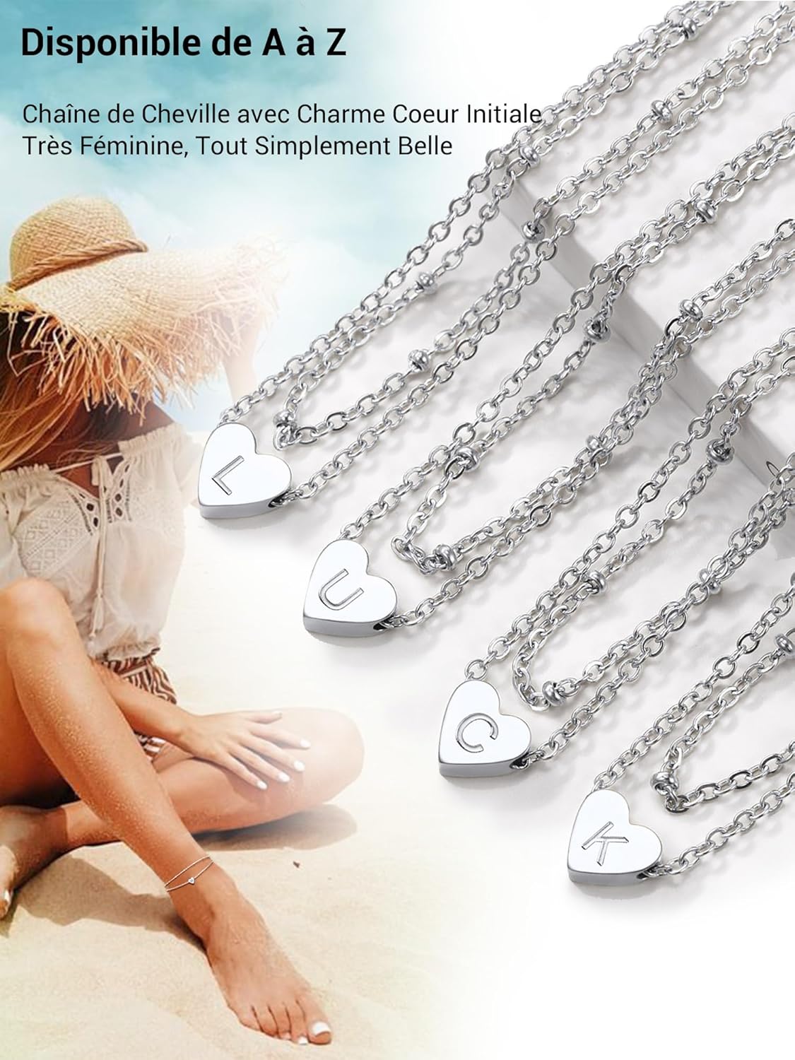 Thumbnail 4 de PROSTEEL Bracelet de cheville femme en acier inoxydable avec cœur initiale double chaîne ajustable 22+5 cm