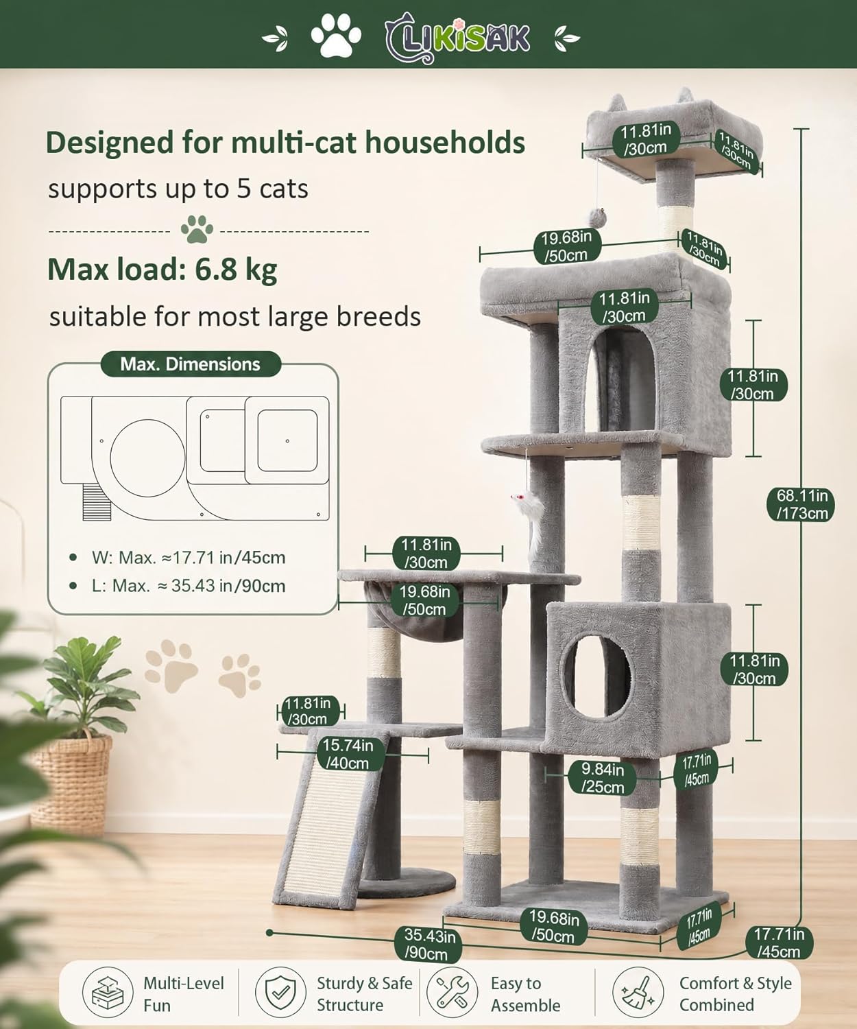 Detalle 2 de LIKISAK Cat Tree 173cm Large Cat Tower for Indoor Cats (Grey, PMT02GY)