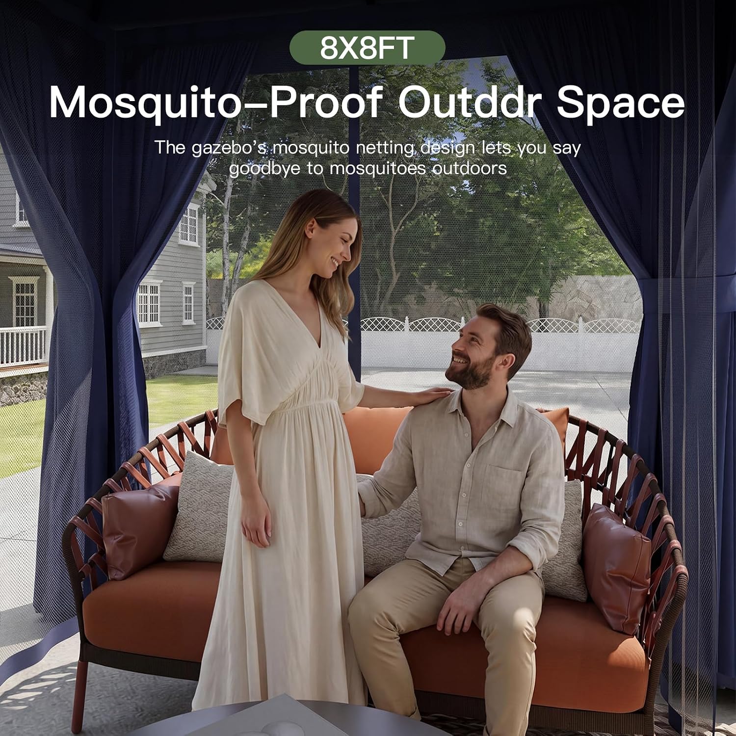 Detalle de Aoxun G30067NEW 8' x 8' Outdoor Gazebo with Netting, Curtains and Double Roof