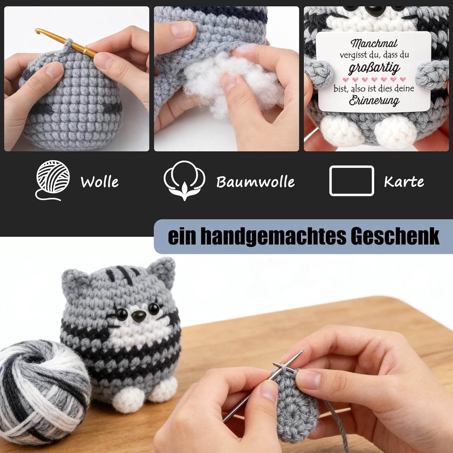 Thumbnail 2 de Tixlux Pocket Hug Positive Katze – handgemachte Strickfigur mit Glücksbringer, kleines Mutmacher-Geschenk