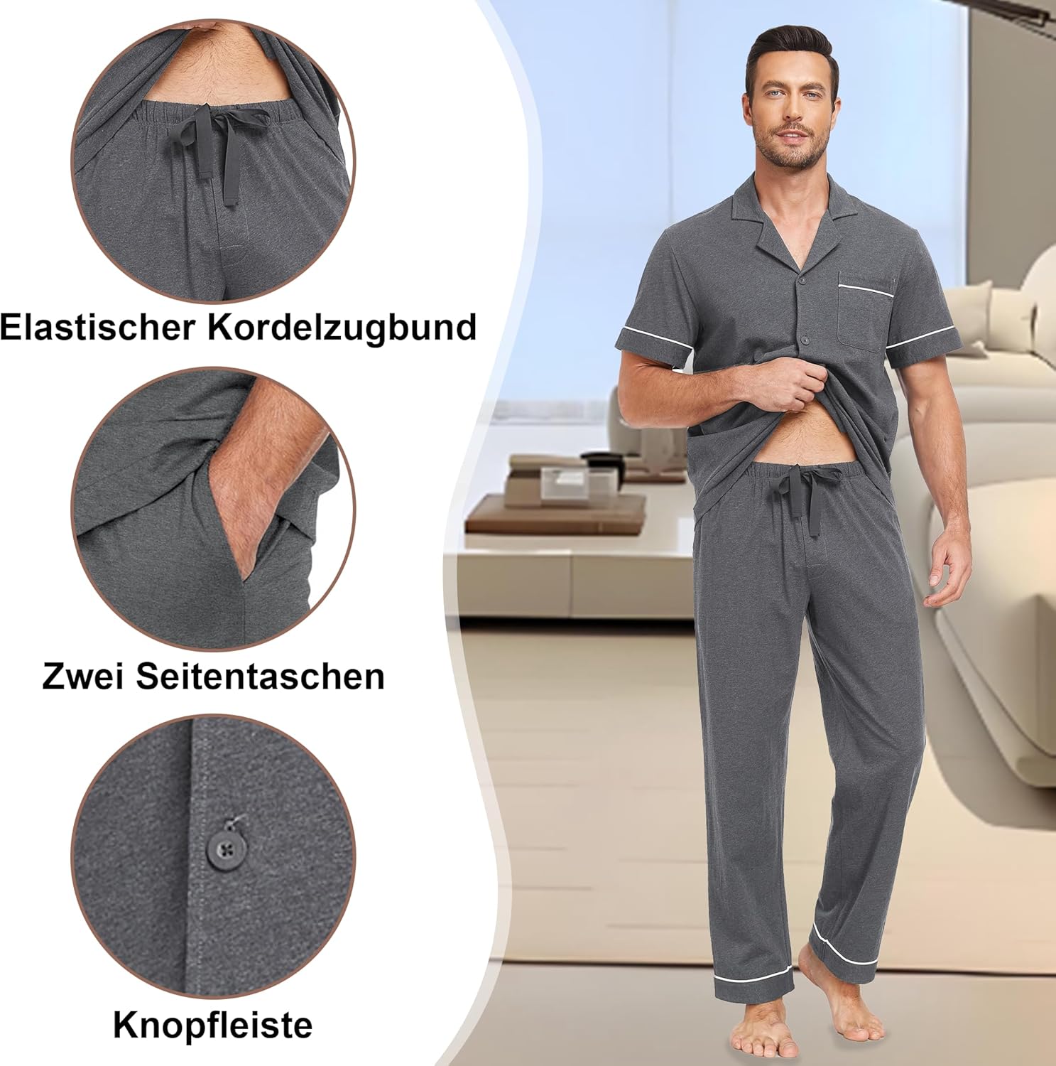 Detalle de EA'S SECRET Herren Schlafanzug-Set 100% Baumwolle | Kurzarm + Langhose, Knopfverschluss, Taschen, S–XXL