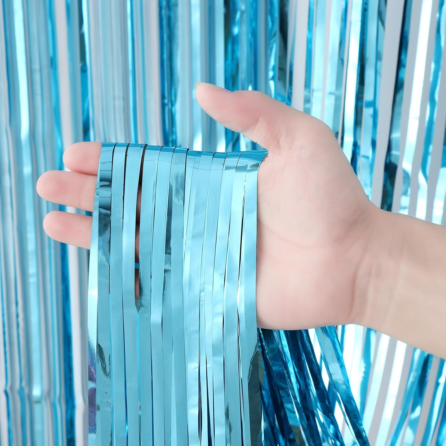 Thumbnail 1 de Voircoloria 3 Pack Light Blue Foil Fringe Backdrop Curtains (3.3x8.2 ft)