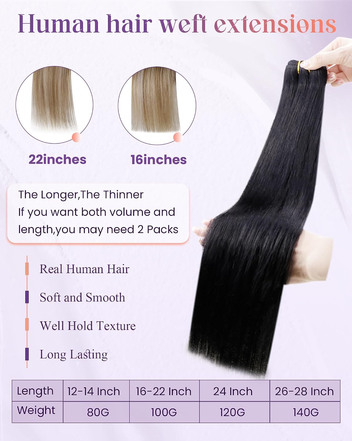 Thumbnail 3 de LaaVoo Tressen Echthaar Extensions 65 cm Schwarz – Remy Echthaar zum Einnähen